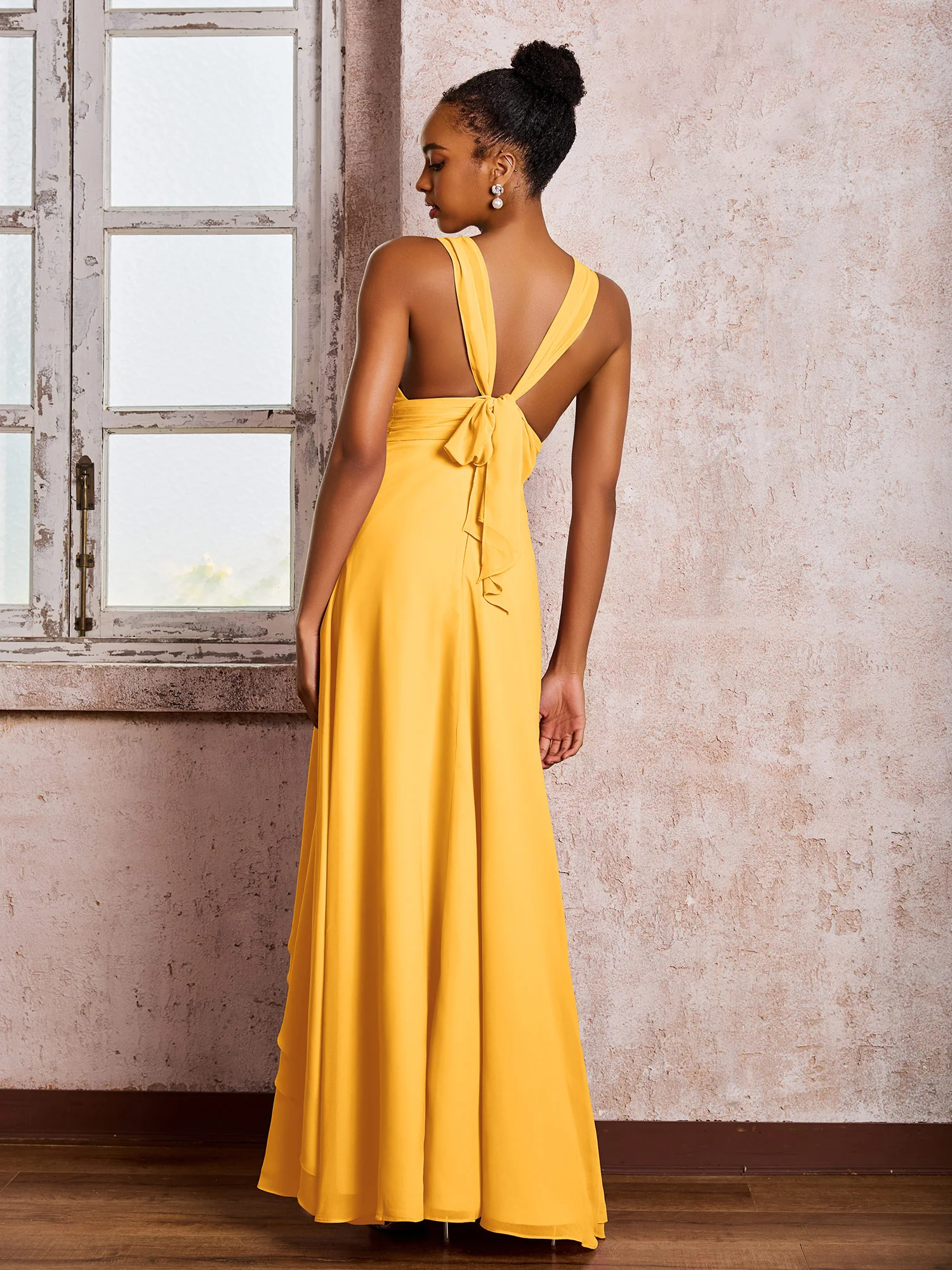 Plunging V-Neck Ruffle Open Back Dresses with Cascade Skirt Tangerine - Image 2