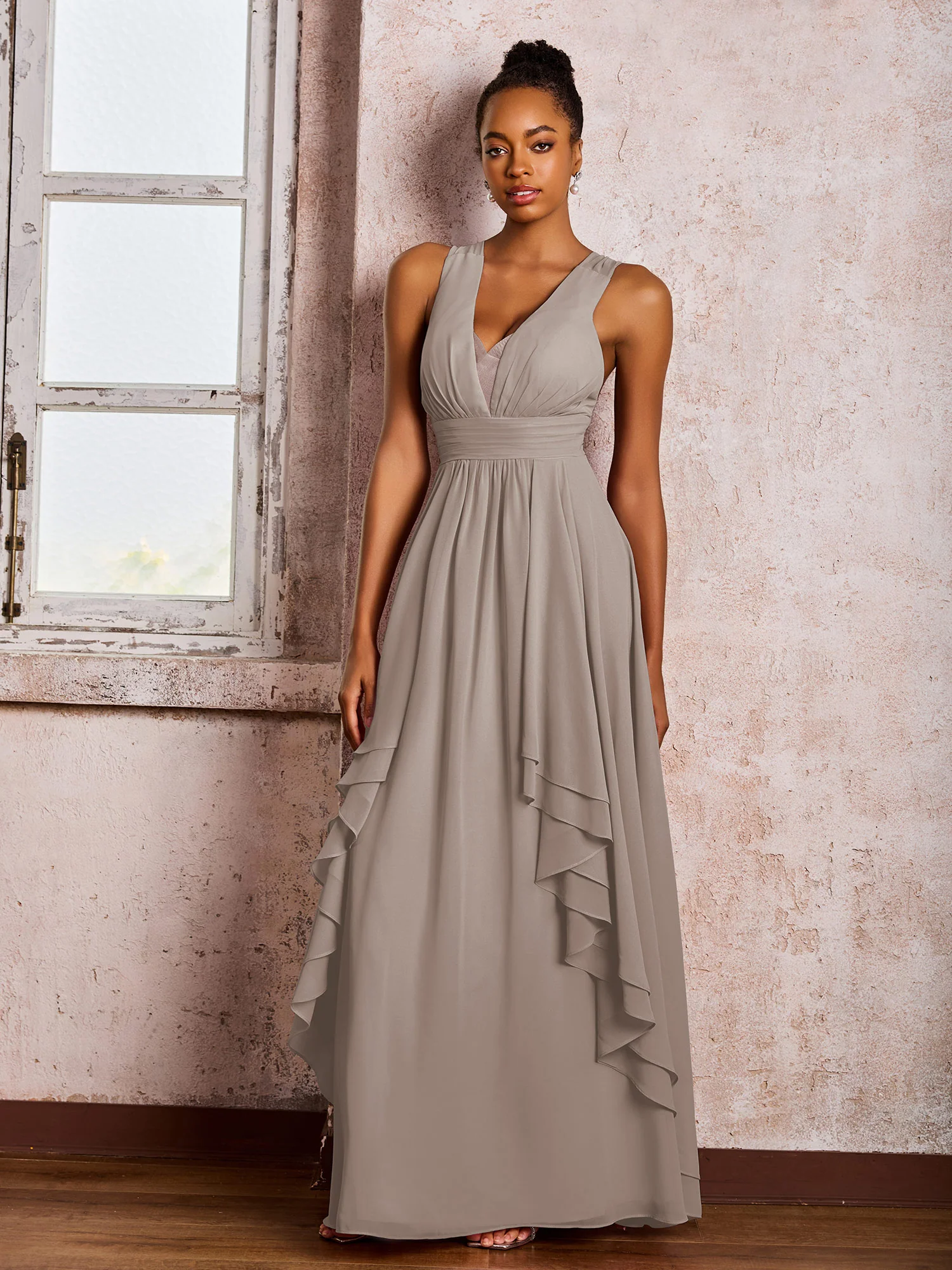 Plunging V-Neck Ruffle Open Back Dresses with Cascade Skirt Taupe