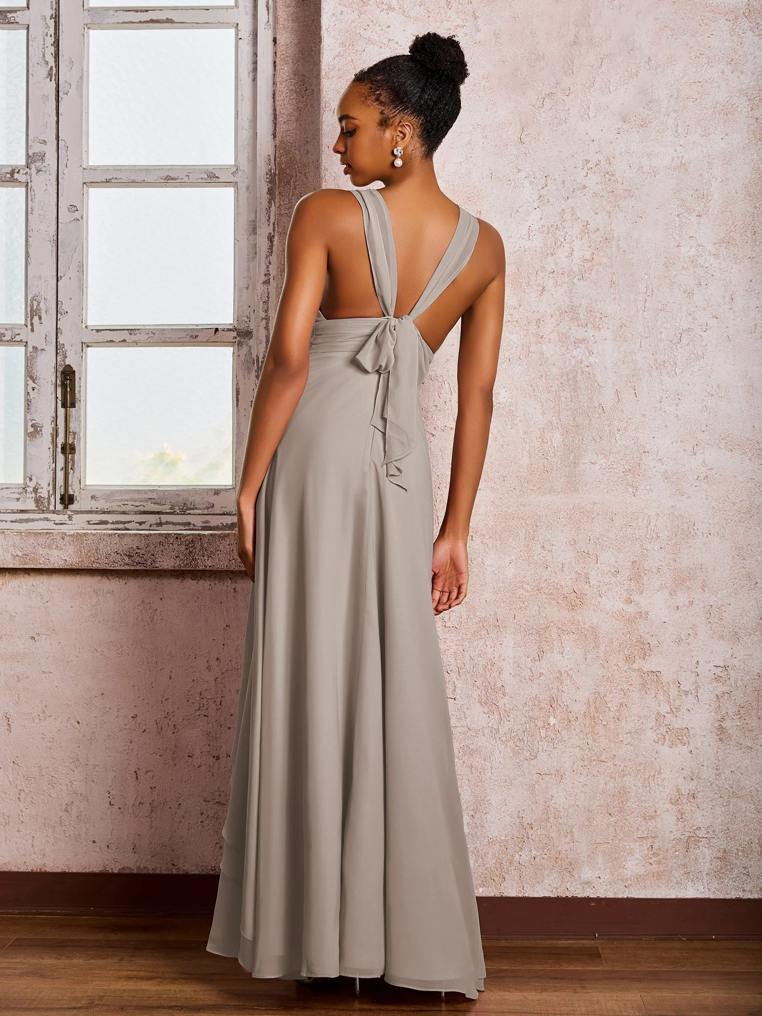 Plunging V-Neck Ruffle Open Back Dresses with Cascade Skirt Taupe - Image 2
