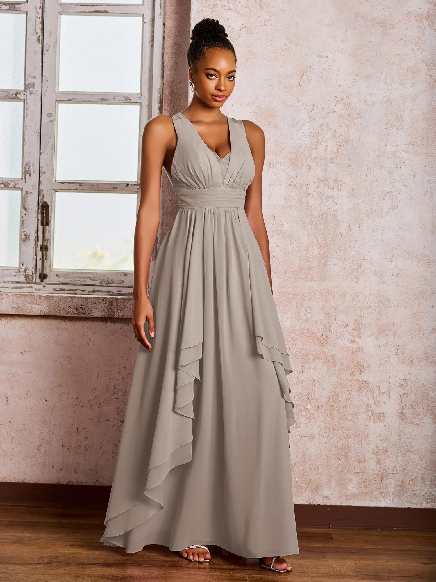 Plunging V-Neck Ruffle Open Back Dresses with Cascade Skirt Taupe - Image 3
