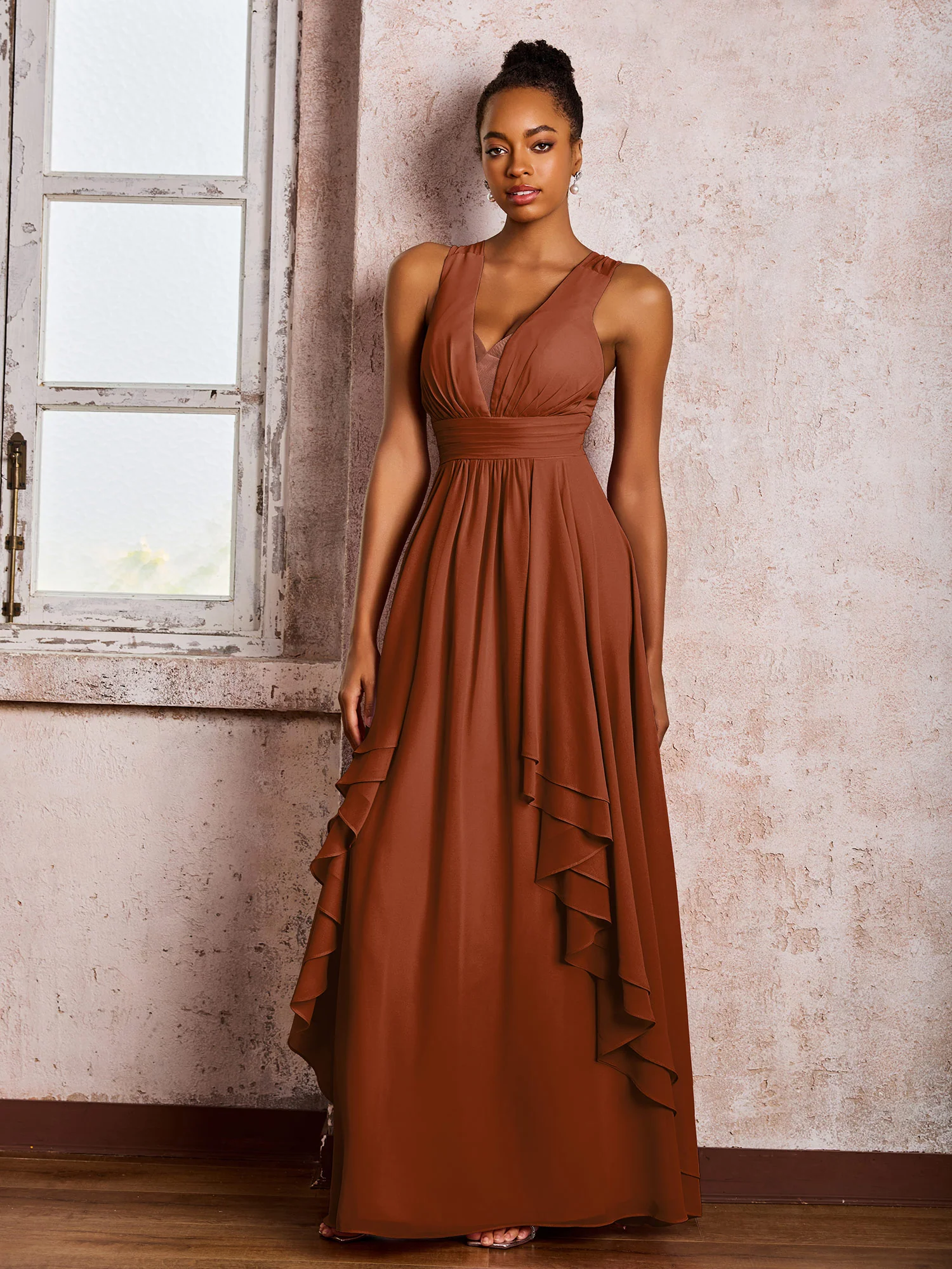 Plunging V-Neck Ruffle Open Back Dresses with Cascade Skirt Terracotta