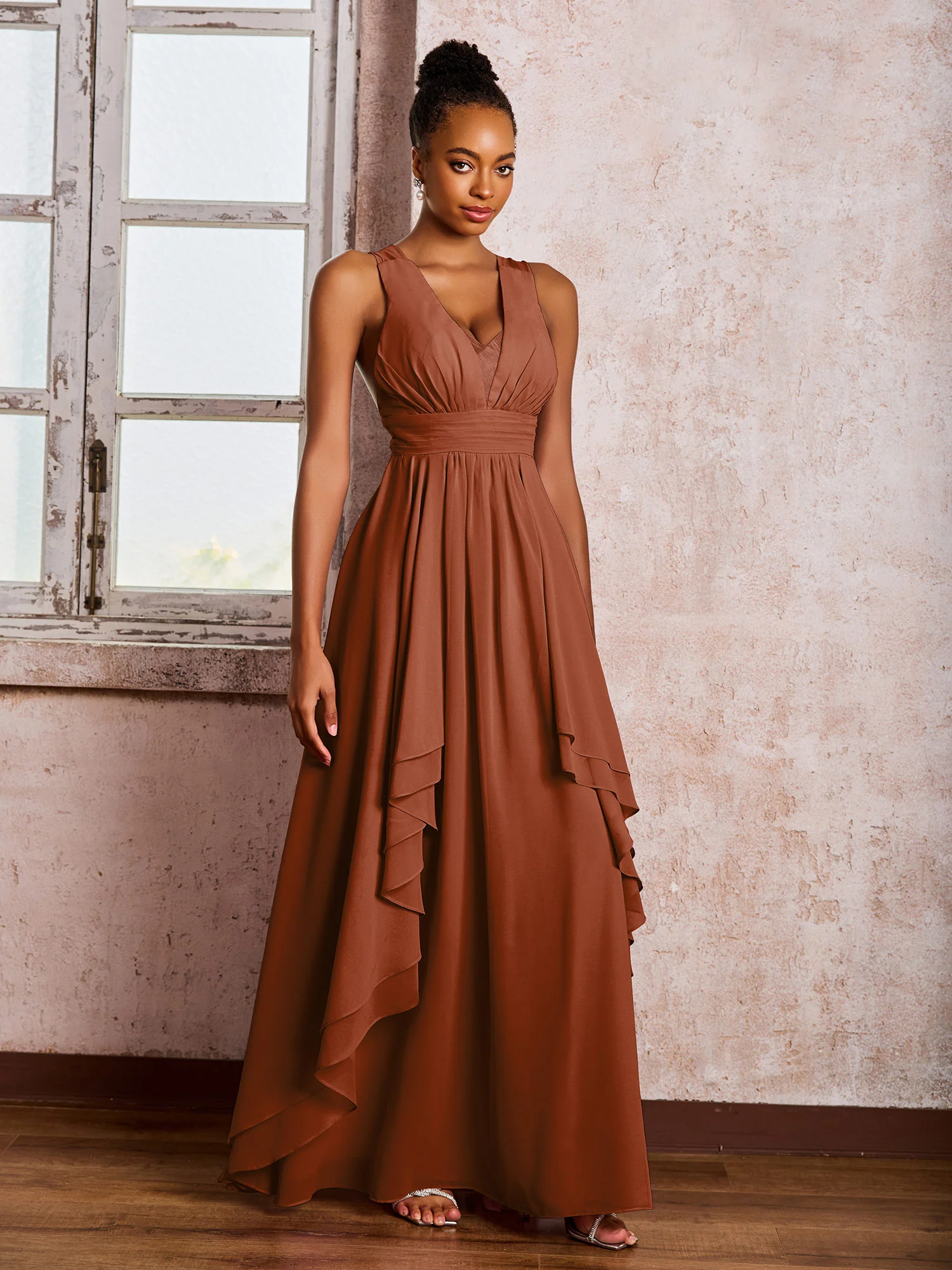 Plunging V-Neck Ruffle Open Back Dresses with Cascade Skirt Terracotta - Image 3