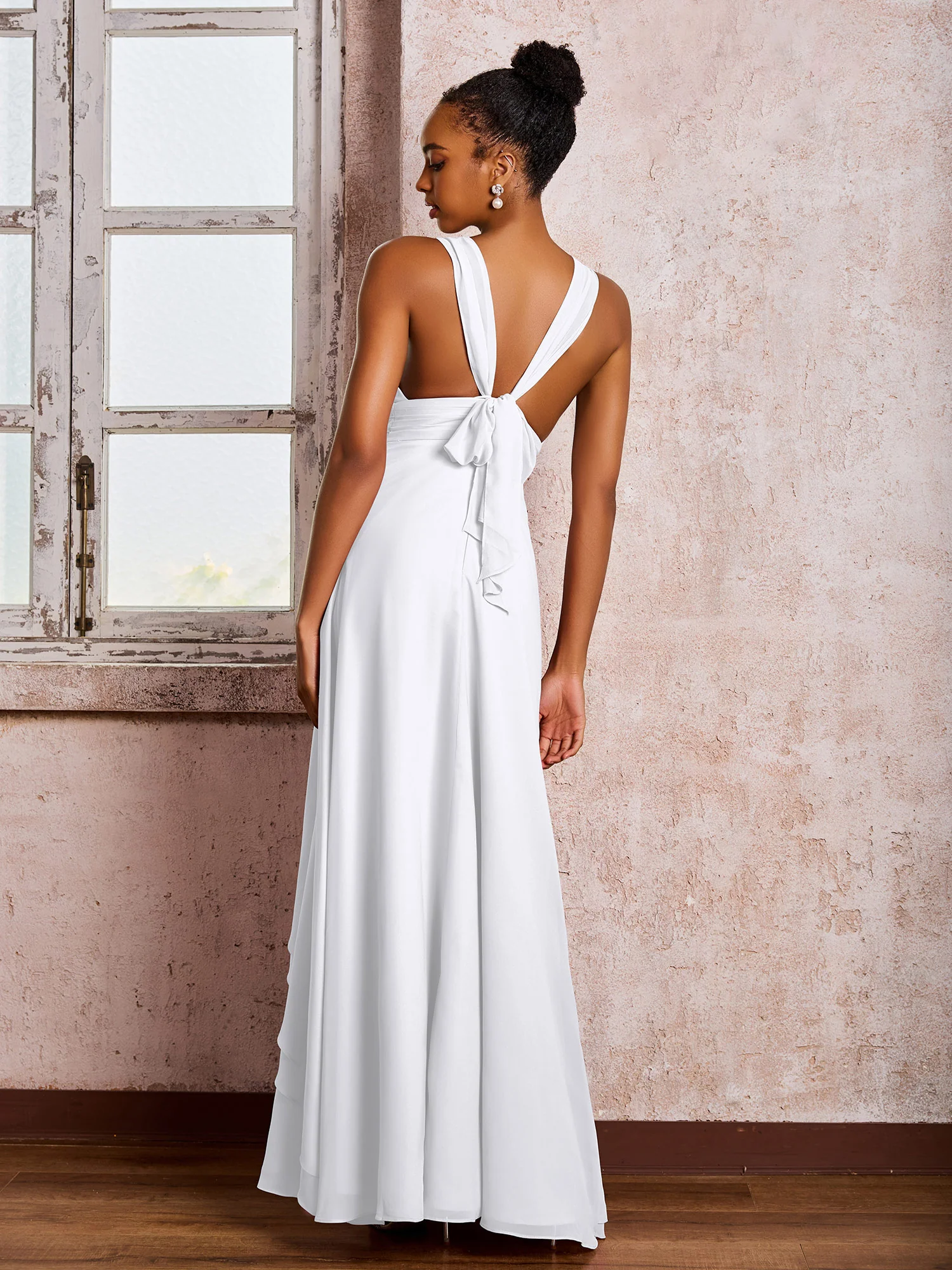 Plunging V-Neck Ruffle Open Back Dresses with Cascade Skirt White - Image 2