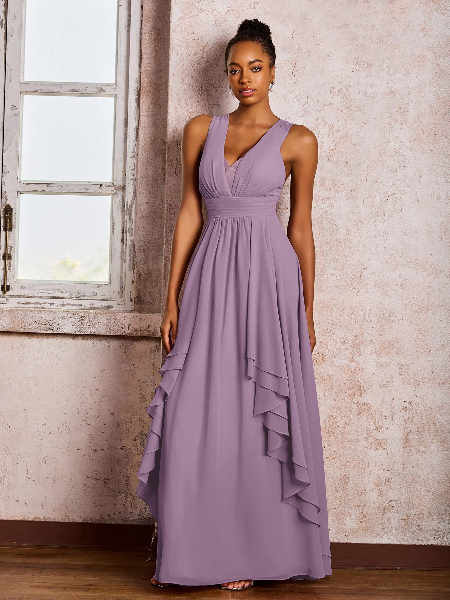 Plunging V-Neck Ruffle Open Back Dresses with Cascade Skirt Wisteria