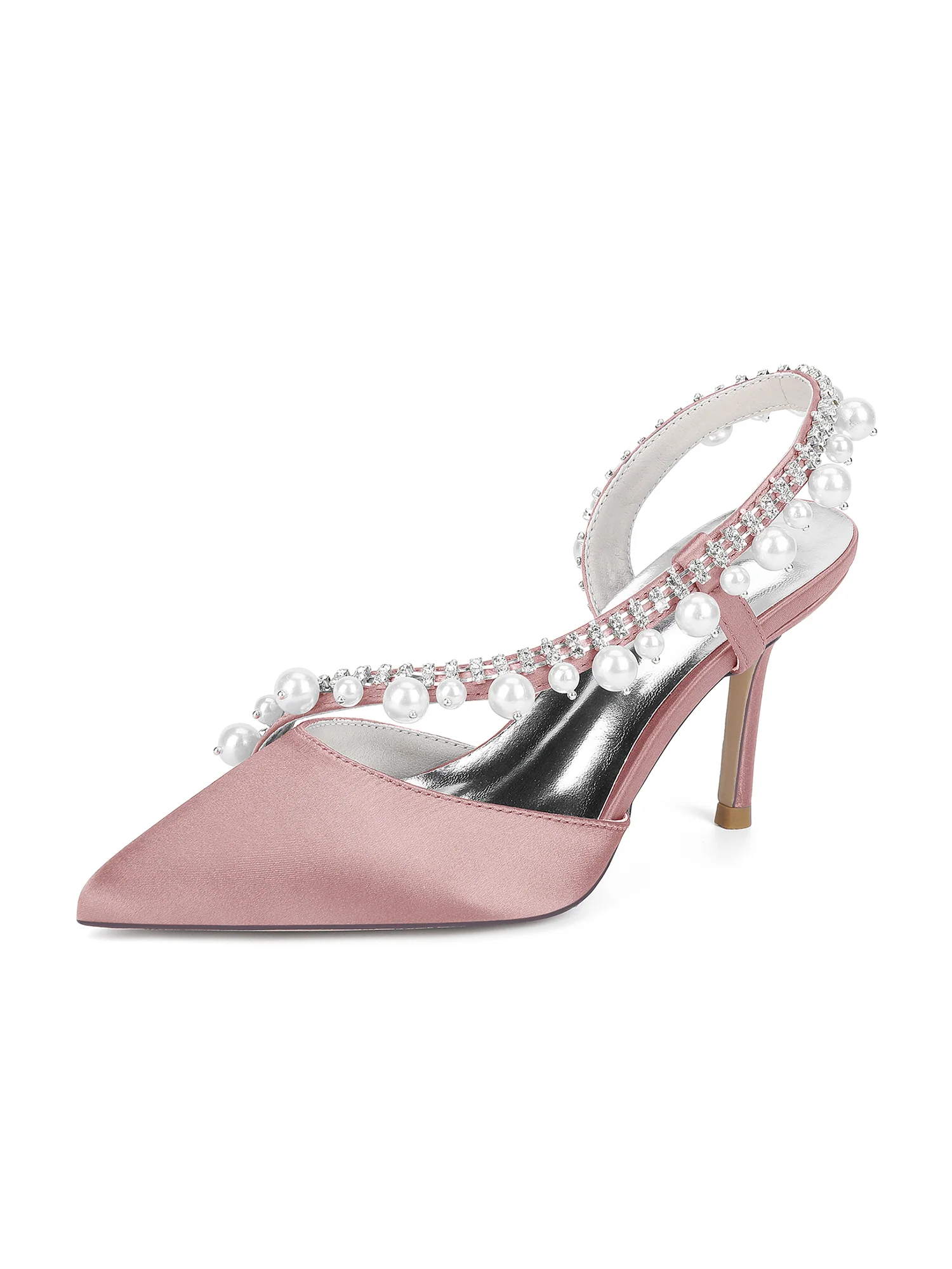 Pointed Toe Faux Silk Crystal Pearl Slingback High Heels - Image 11