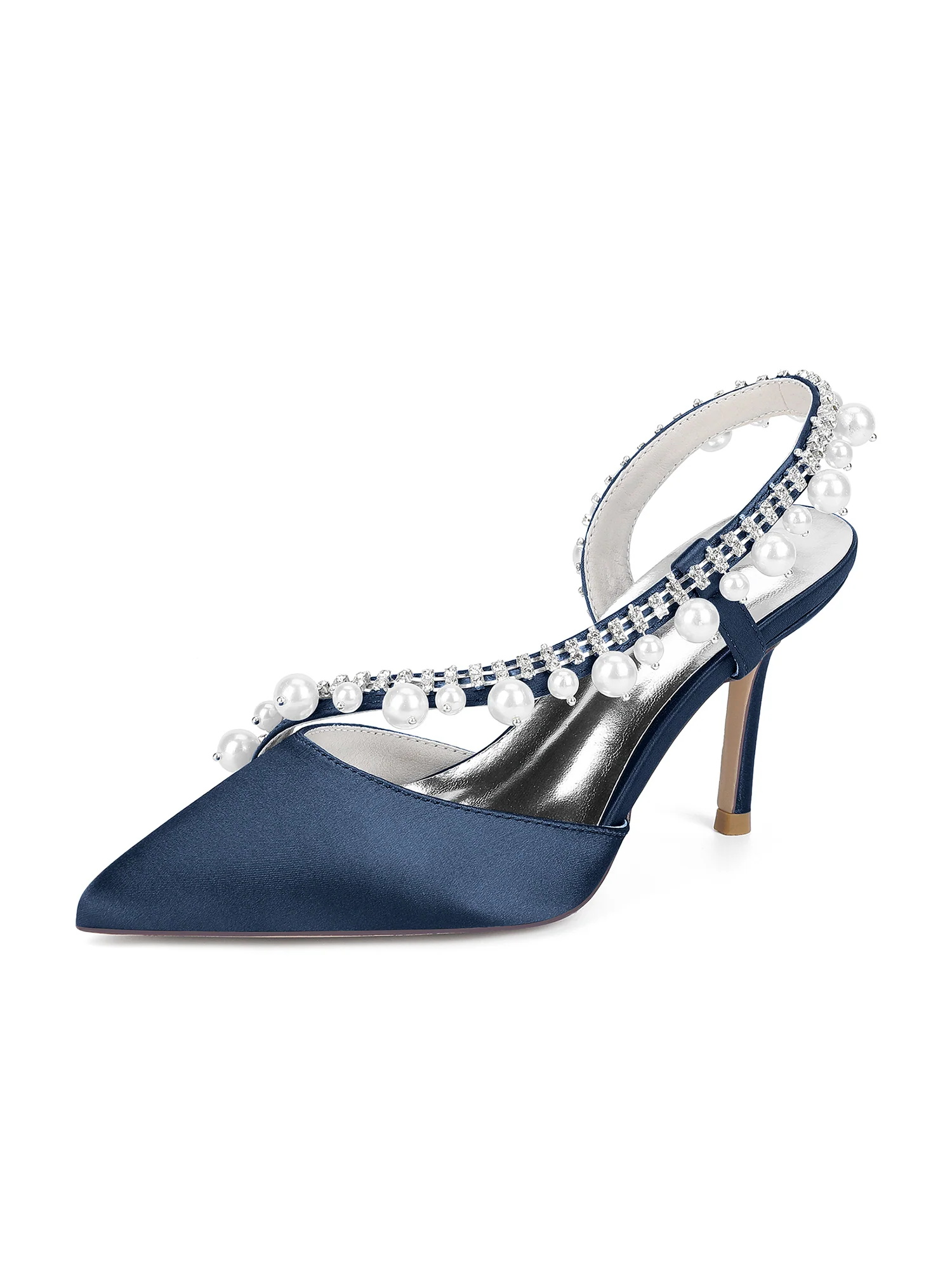 Pointed Toe Faux Silk Crystal Pearl Slingback High Heels - Image 12