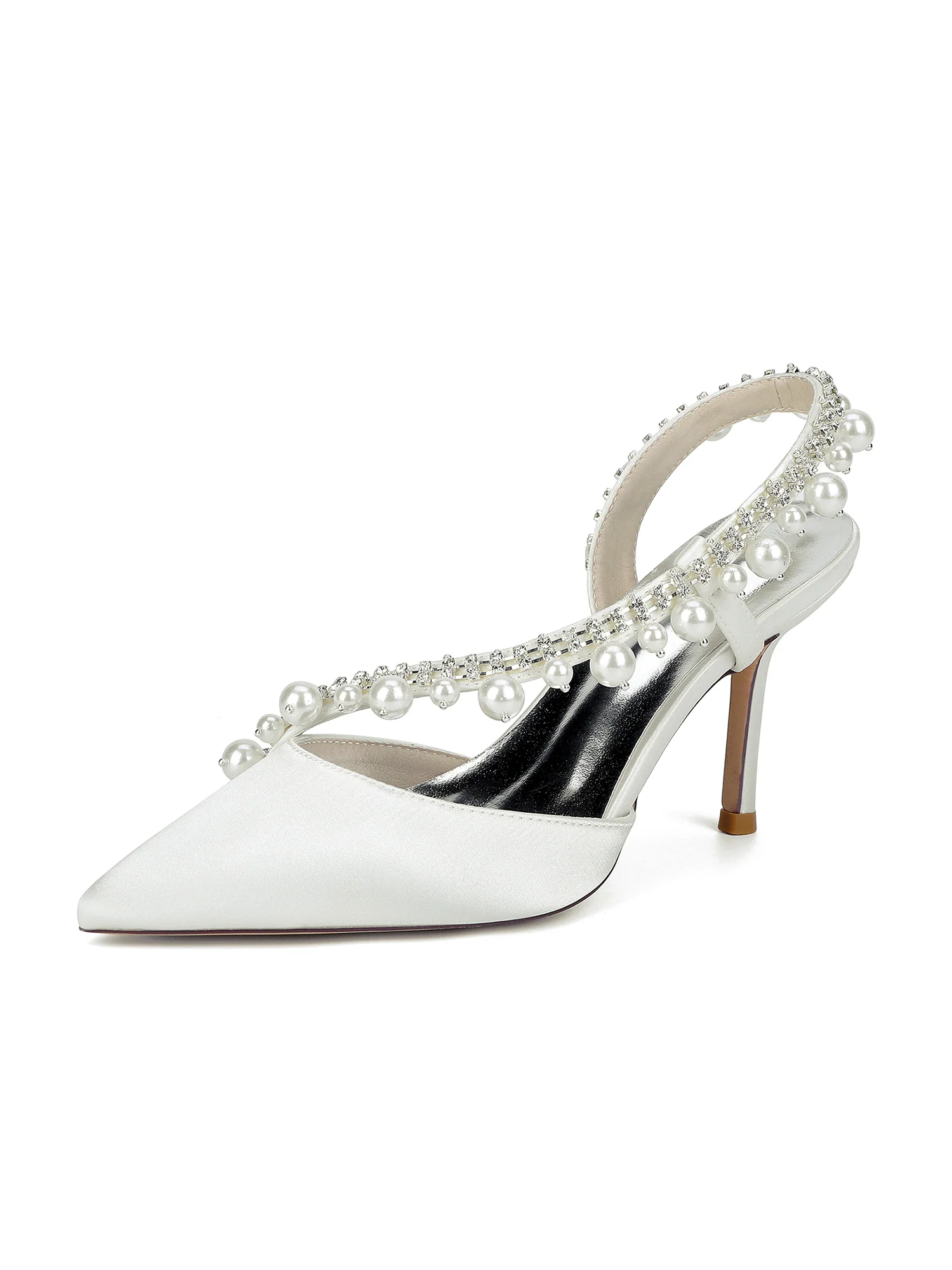 Pointed Toe Faux Silk Crystal Pearl Slingback High Heels - Image 14