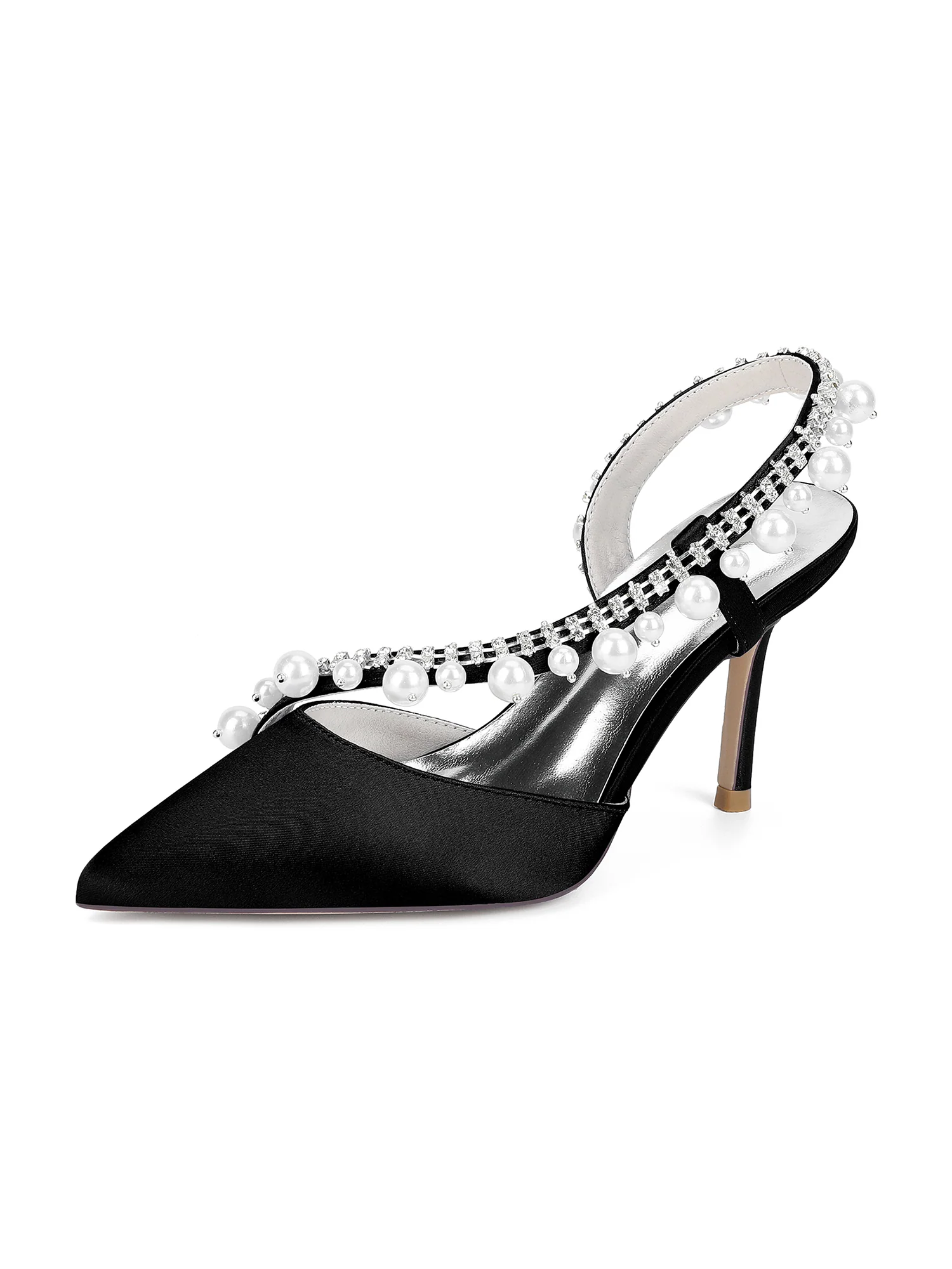 Pointed Toe Faux Silk Crystal Pearl Slingback High Heels - Image 8