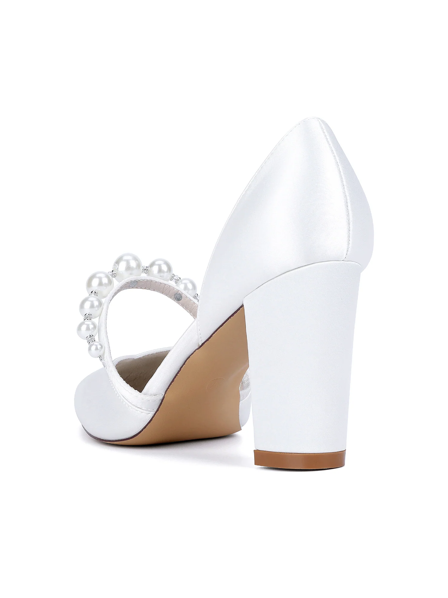 Pointed Toe Pearl Strap Faux Silk Block Heels - Image 4