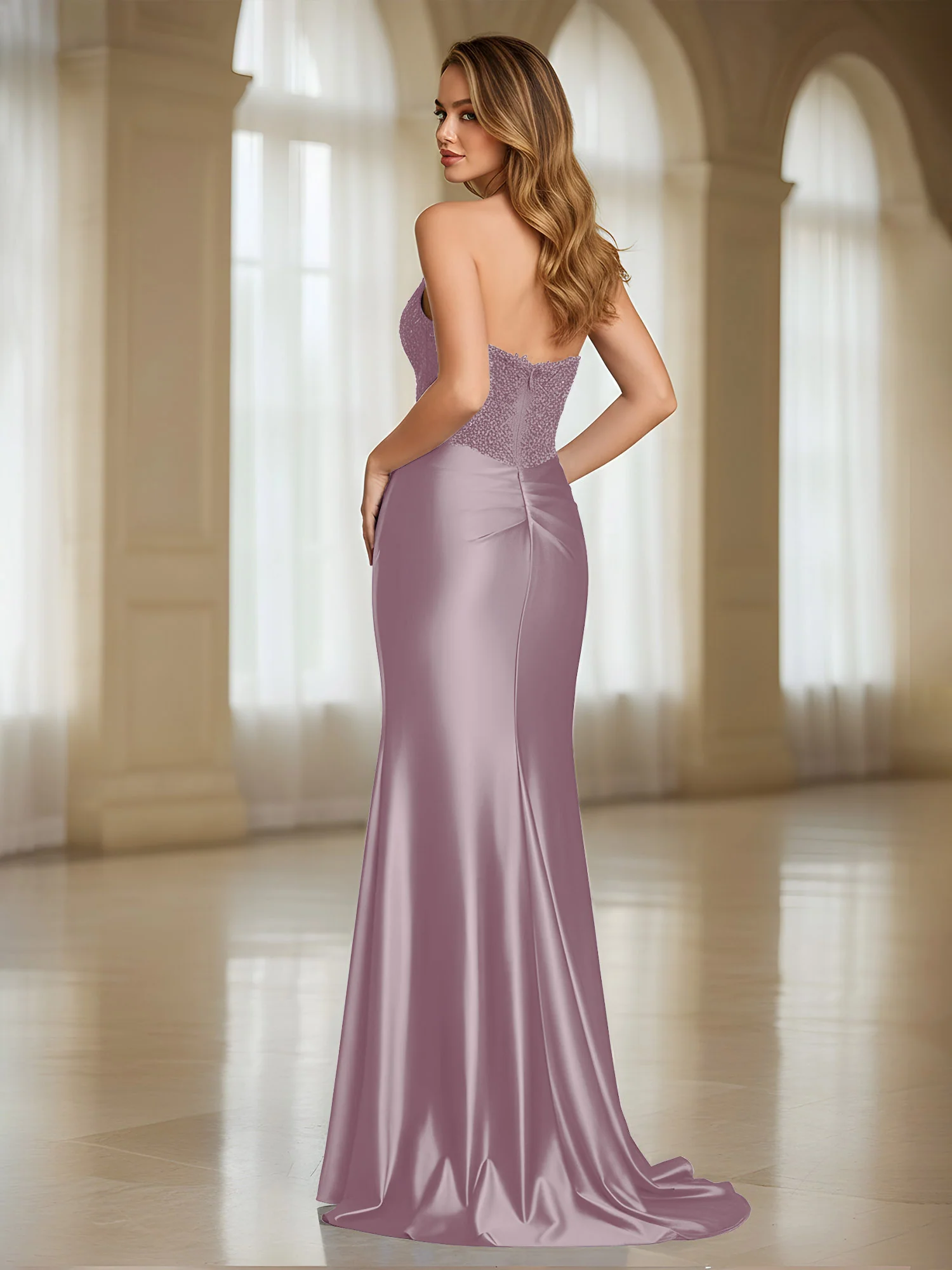 Plunging V-neck Lace Bodice Sheath Dress With Slit Dusk - Image 2