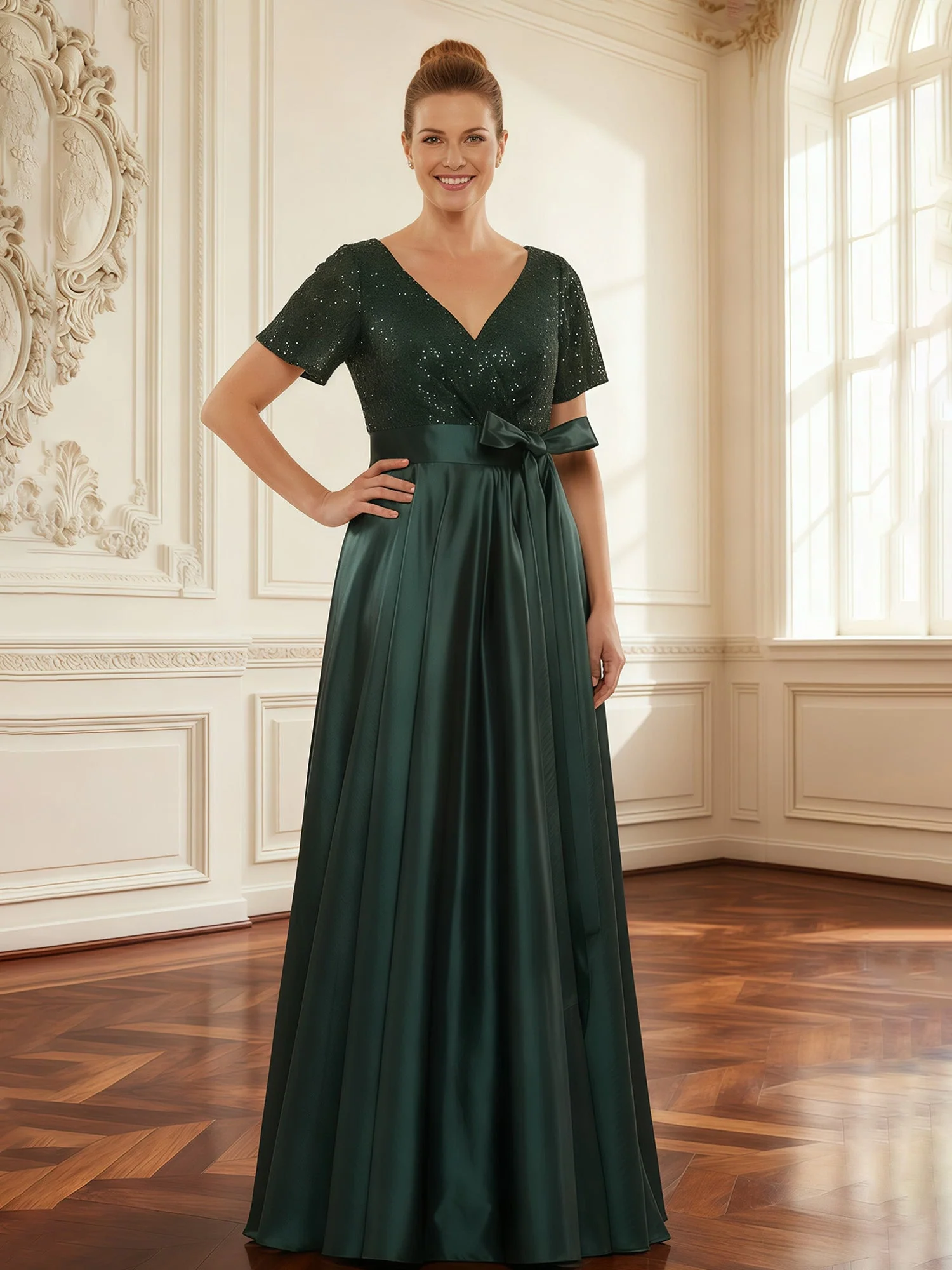 Sequined Bodice A-Line Gown with Pleated Skirt Silver