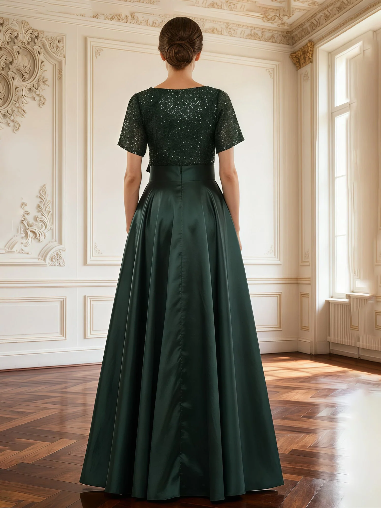 Sequined Bodice A-Line Gown with Pleated Skirt Silver - Image 2