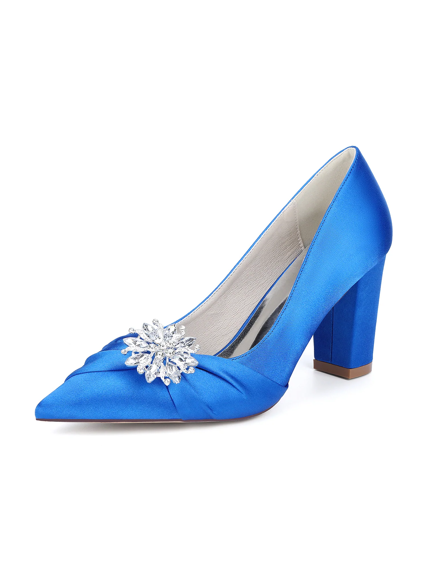 Retro Pointed Toe Faux Silk Crystal Block Heels - Image 8