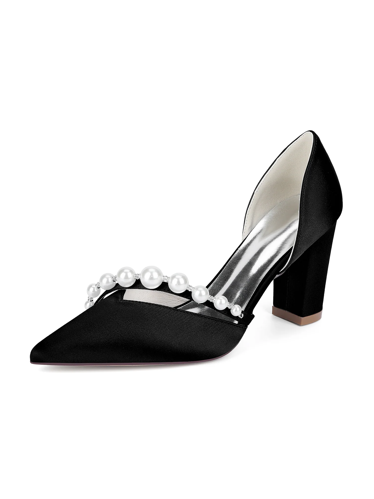 Retro Pointed Toe Faux Silk Pearl Block Heels - Image 8
