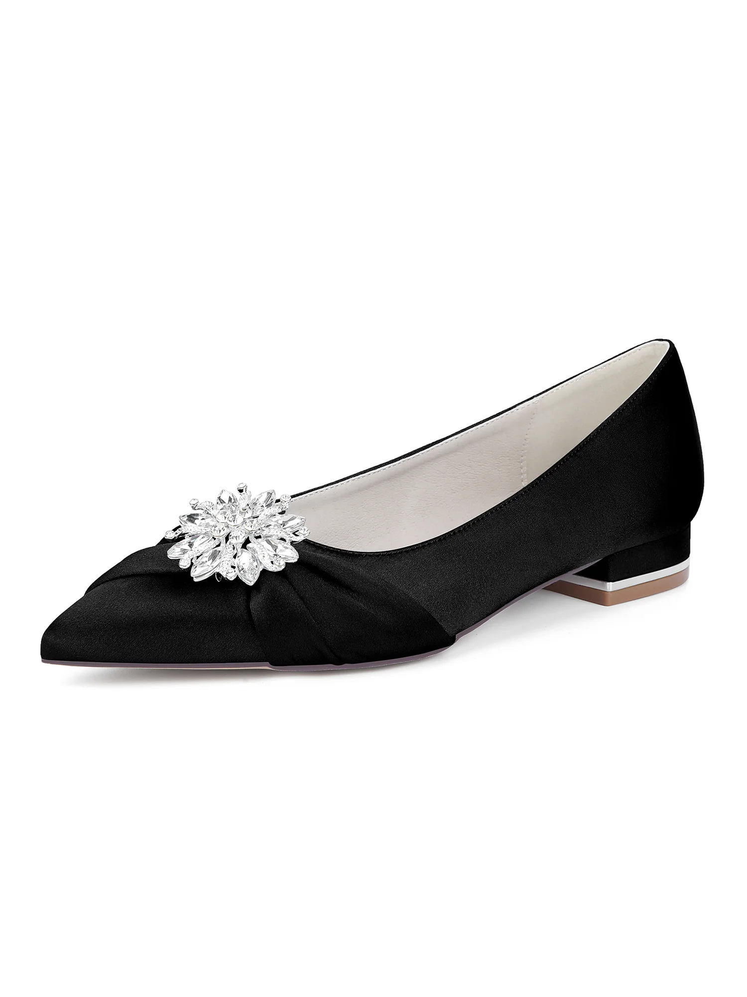Retro Pointed Toe Faux Silk Rhinestones Low Chunky Heels - Image 8