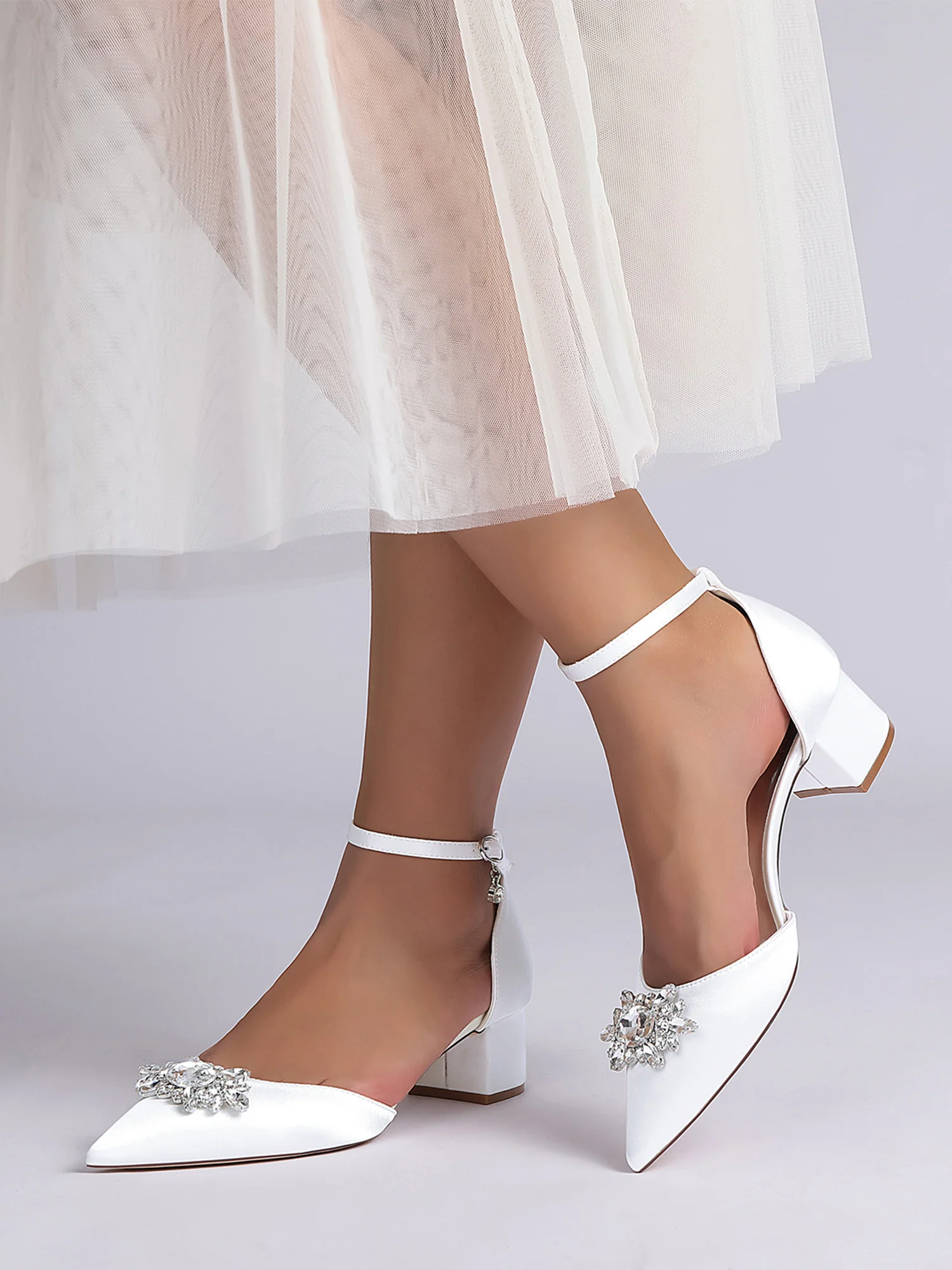 Rhinestone Satin Ankle Strap Women's Block Heel Shoes