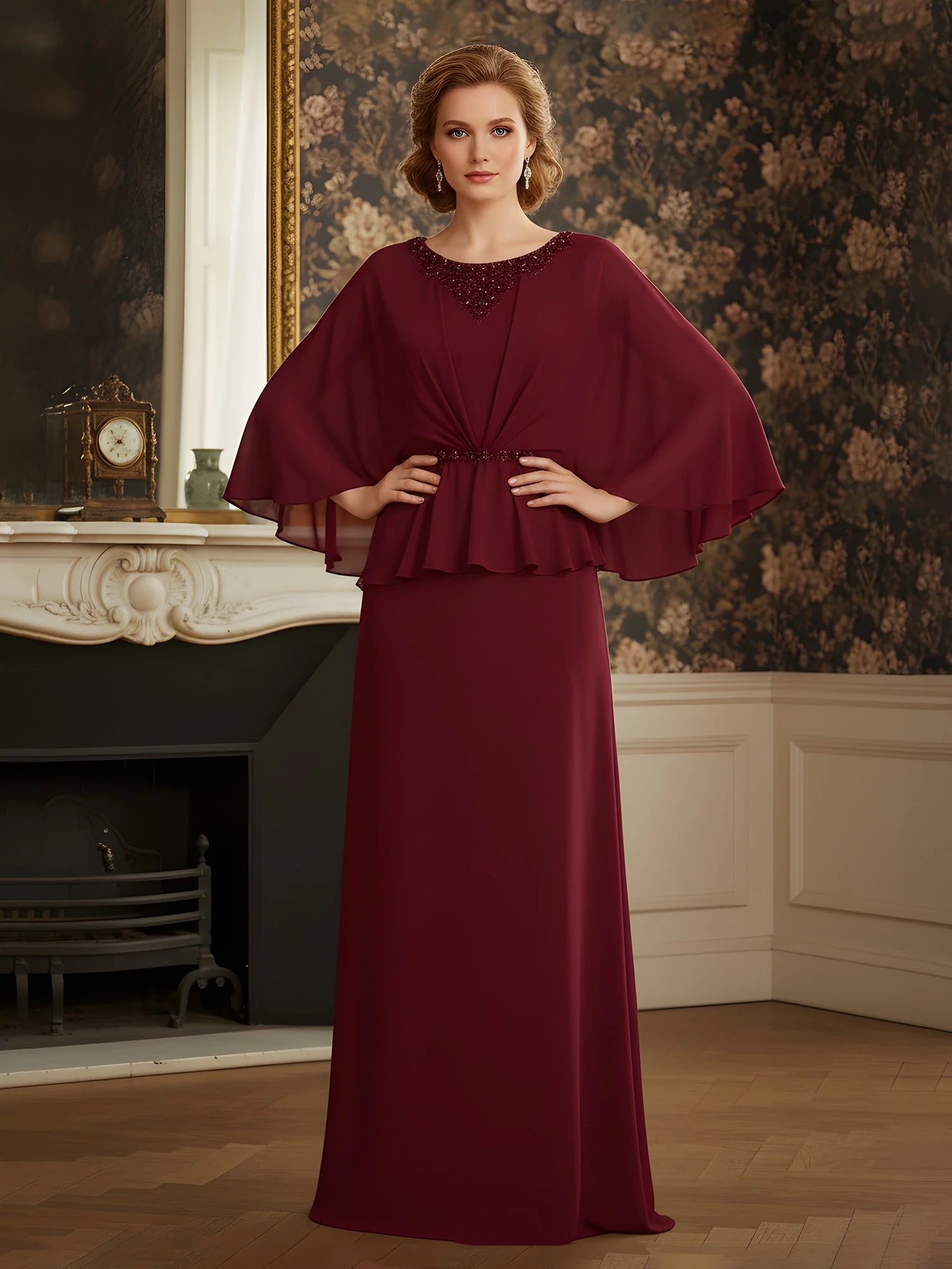 Rhinestone Scoop Neck Chiffon Floor-Length Dress Cinnamon Rose