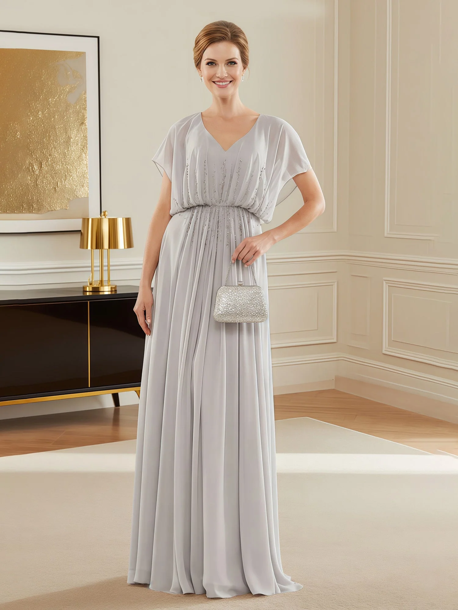 Elegant Evening Dress with Beaded Drape Overlay Dark Green