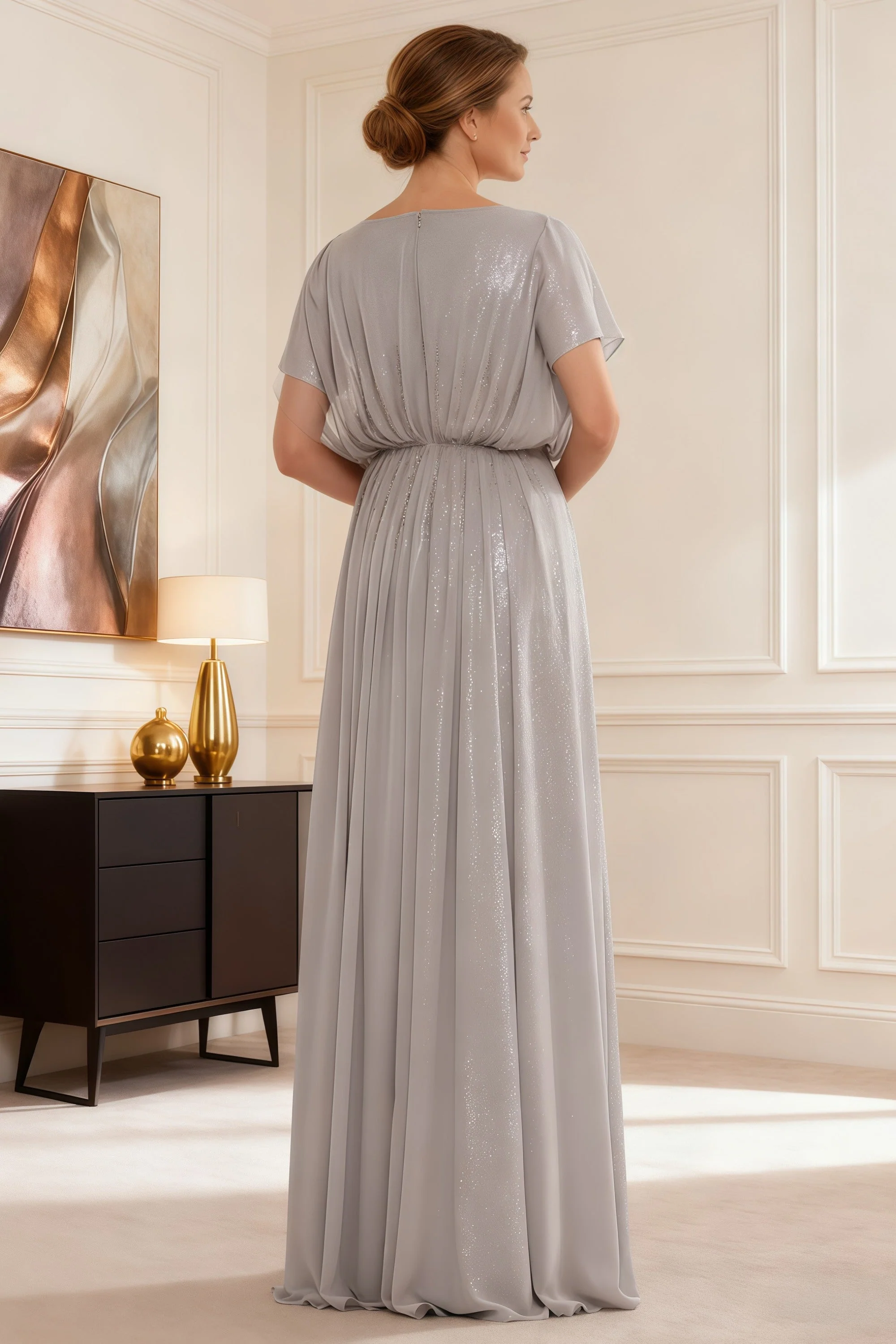 Elegant Evening Dress with Beaded Drape Overlay Dark Green - Image 2