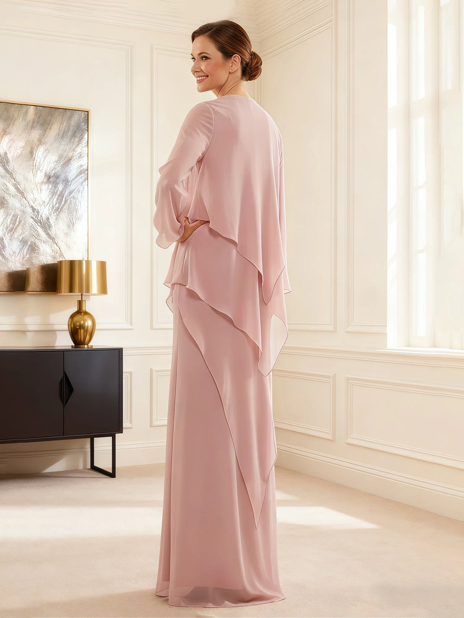 Chiffon Layered Gown with Cascade Jacket Black - Image 2