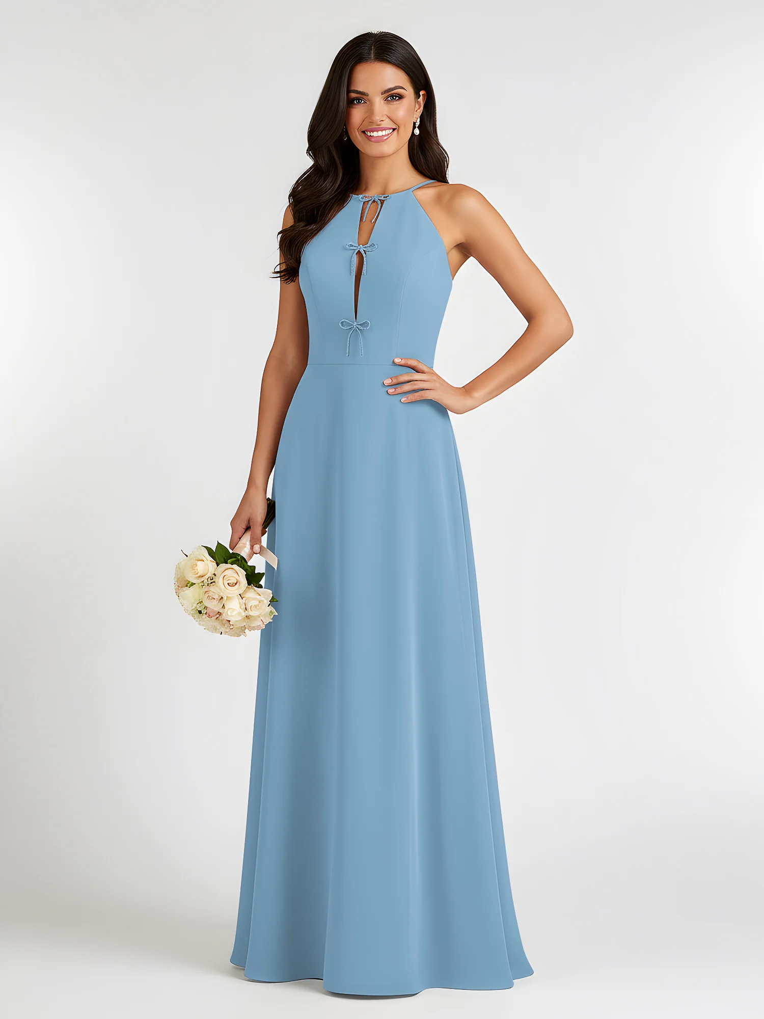 A-Line Chiffon Sleeveless Bow Halter Neck Dresses Blue