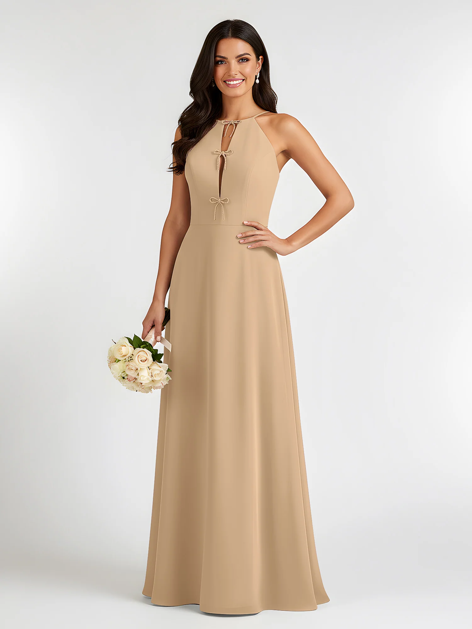 A-Line Chiffon Sleeveless Bow Halter Neck Dresses Champagne