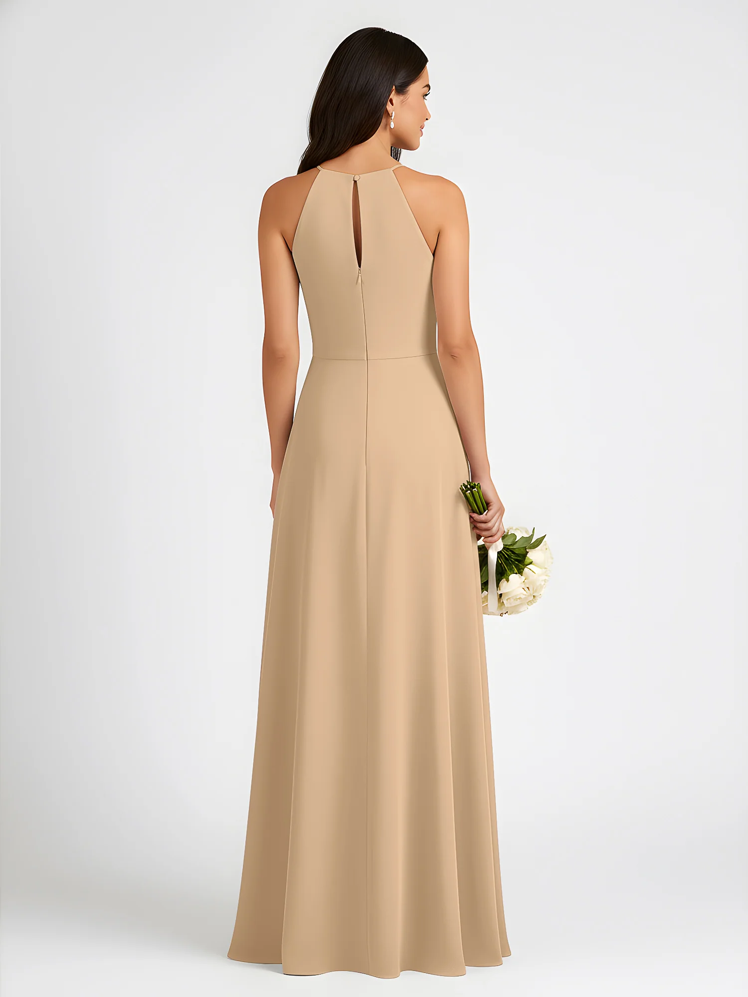 A-Line Chiffon Sleeveless Bow Halter Neck Dresses Champagne - Image 2