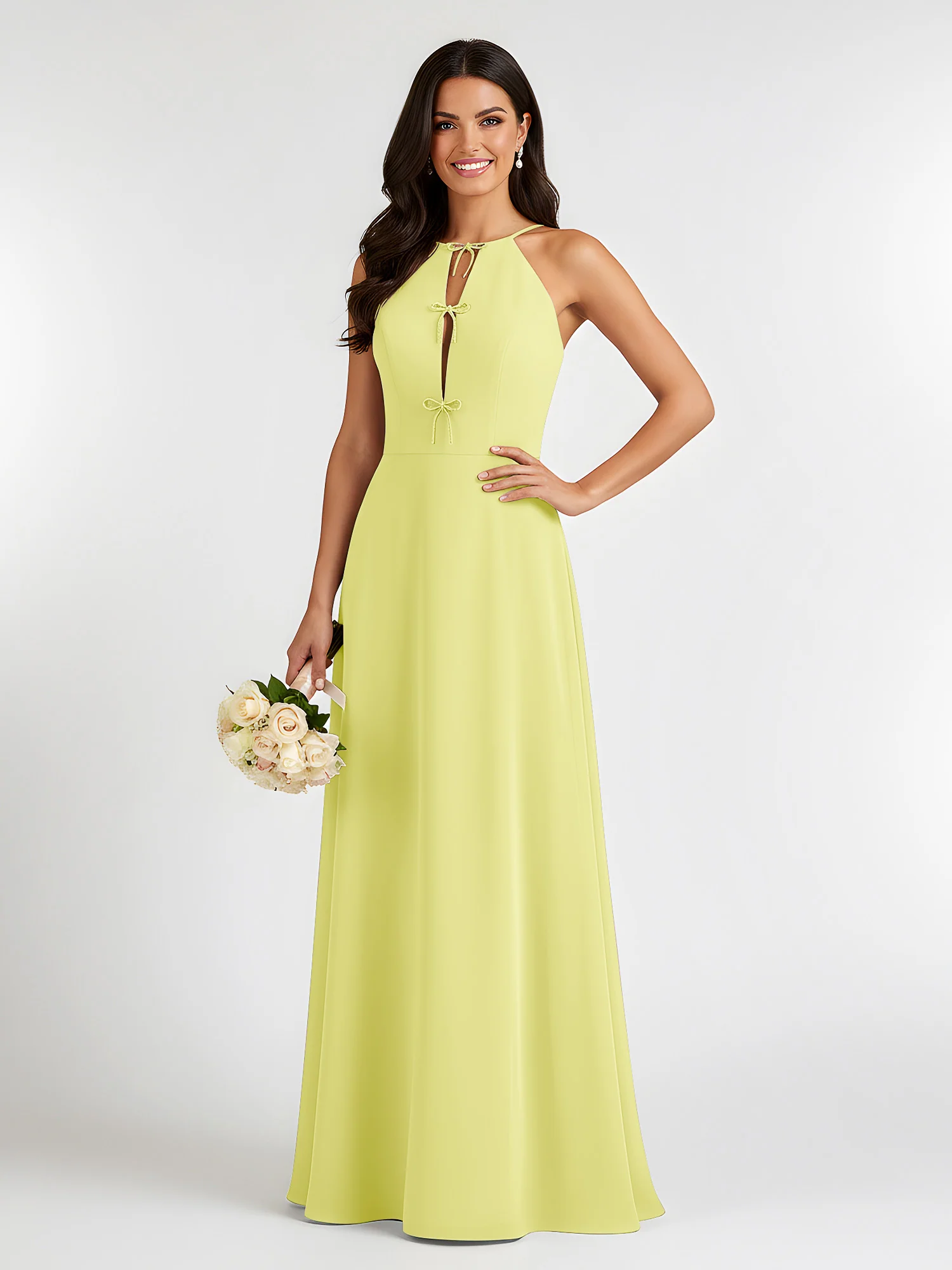 A-Line Chiffon Sleeveless Bow Halter Neck Dresses Daffodil