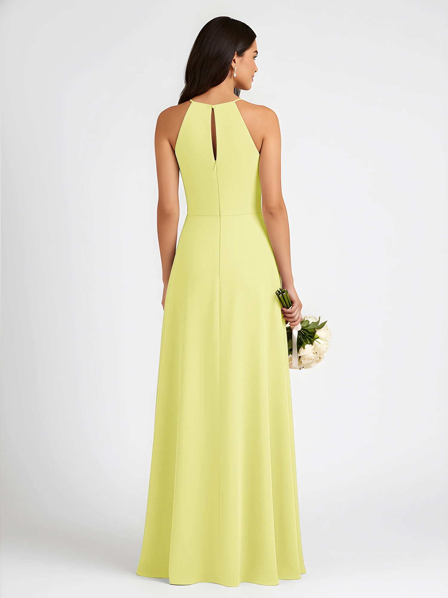 A-Line Chiffon Sleeveless Bow Halter Neck Dresses Daffodil - Image 2
