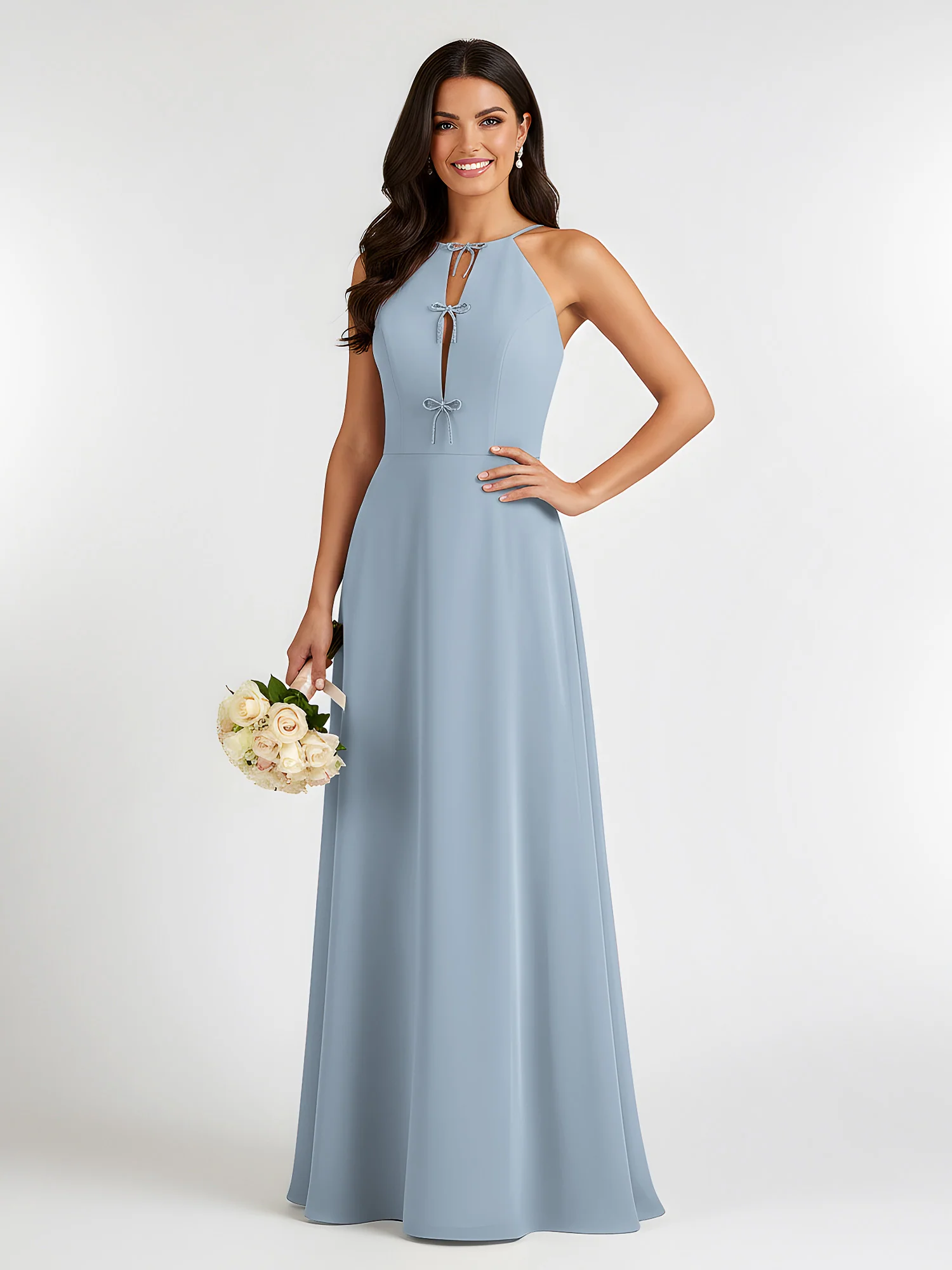 A-Line Chiffon Sleeveless Bow Halter Neck Dresses Dusty Blue
