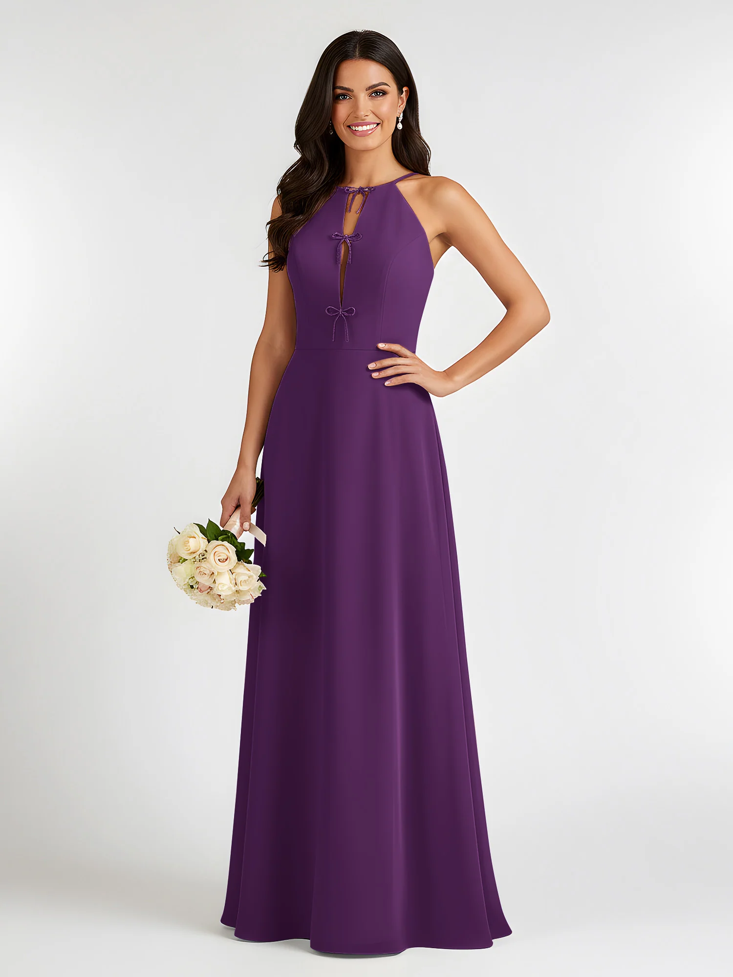 A-Line Chiffon Sleeveless Bow Halter Neck Dresses Grape