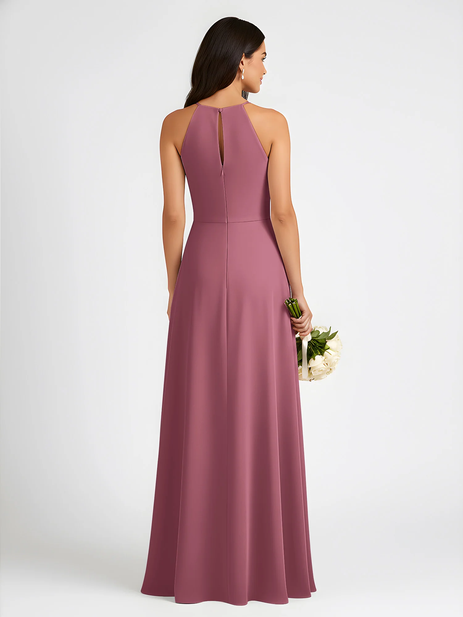 A-Line Chiffon Sleeveless Bow Halter Neck Dresses Mulberry - Image 2