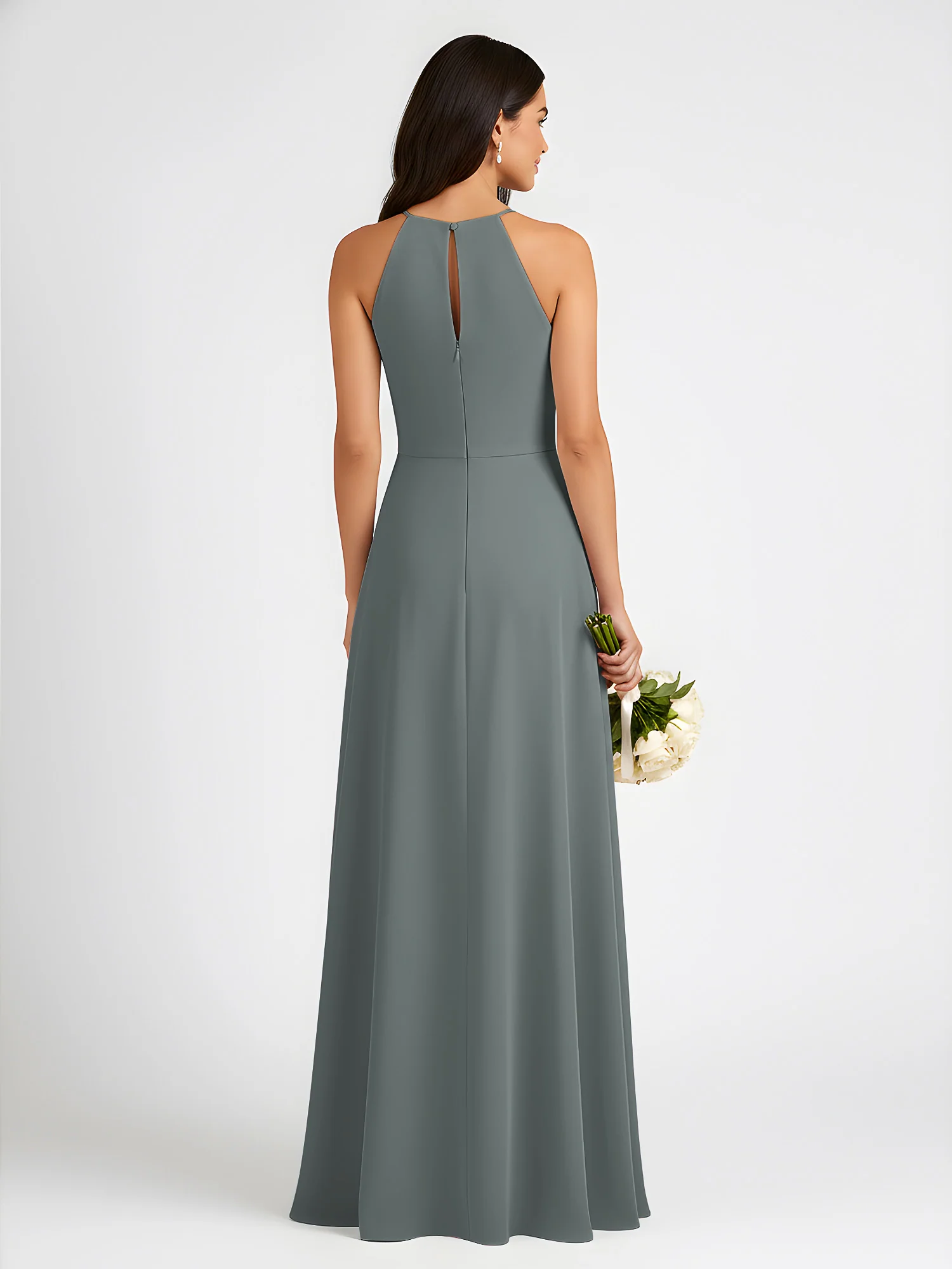 A-Line Chiffon Sleeveless Bow Halter Neck Dresses Steel Grey - Image 2