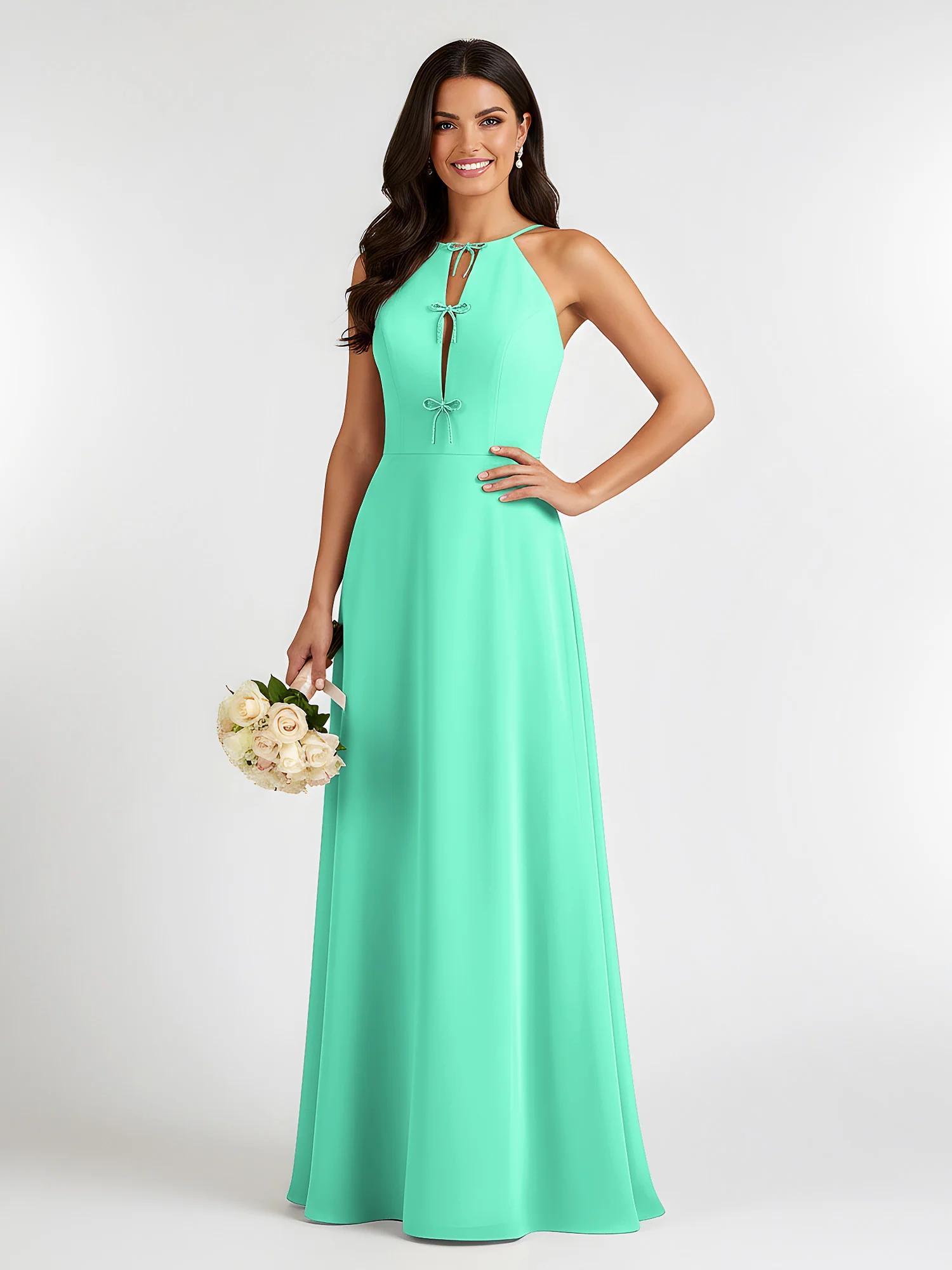 A-Line Chiffon Sleeveless Bow Halter Neck Dresses Turquoise