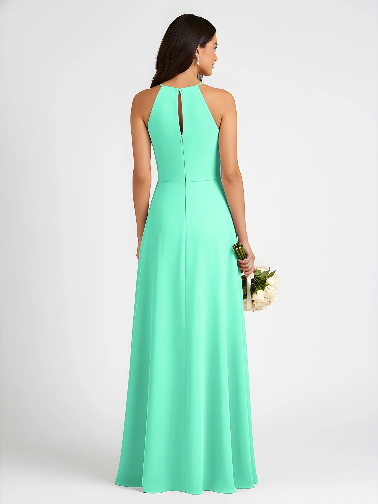 A-Line Chiffon Sleeveless Bow Halter Neck Dresses Turquoise - Image 2