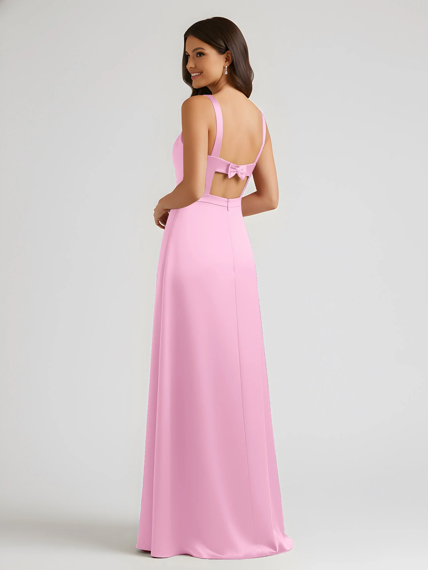 Square Neck Floor Length Open Back Bow Dresses Candy Pink - Image 2