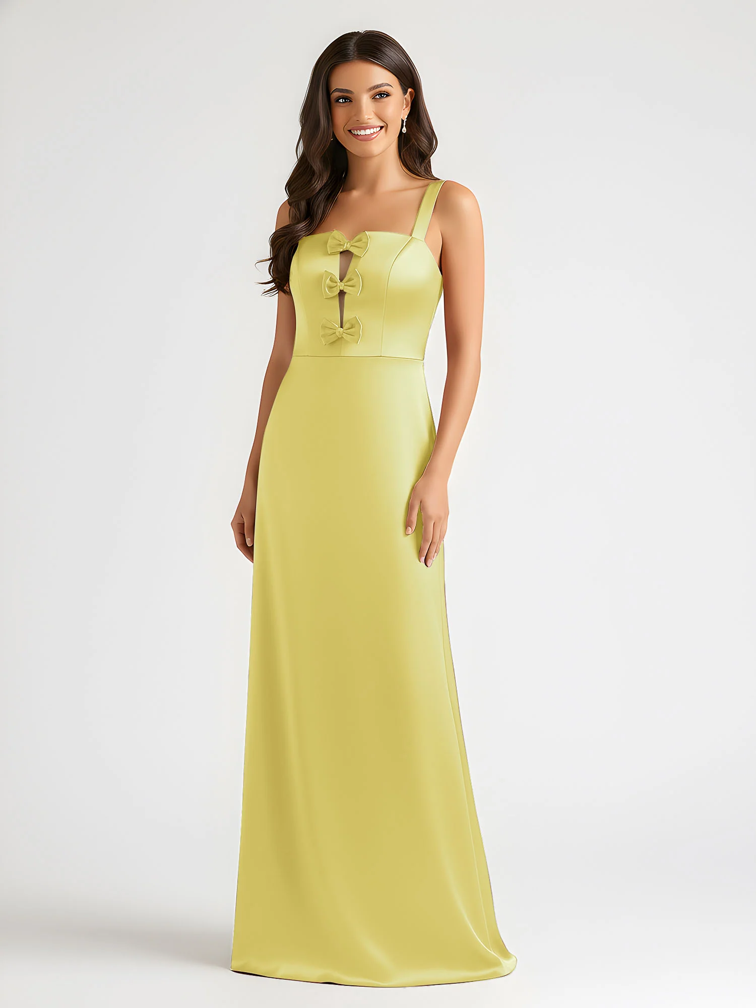 Square Neck Floor Length Open Back Bow Dresses Daffodil