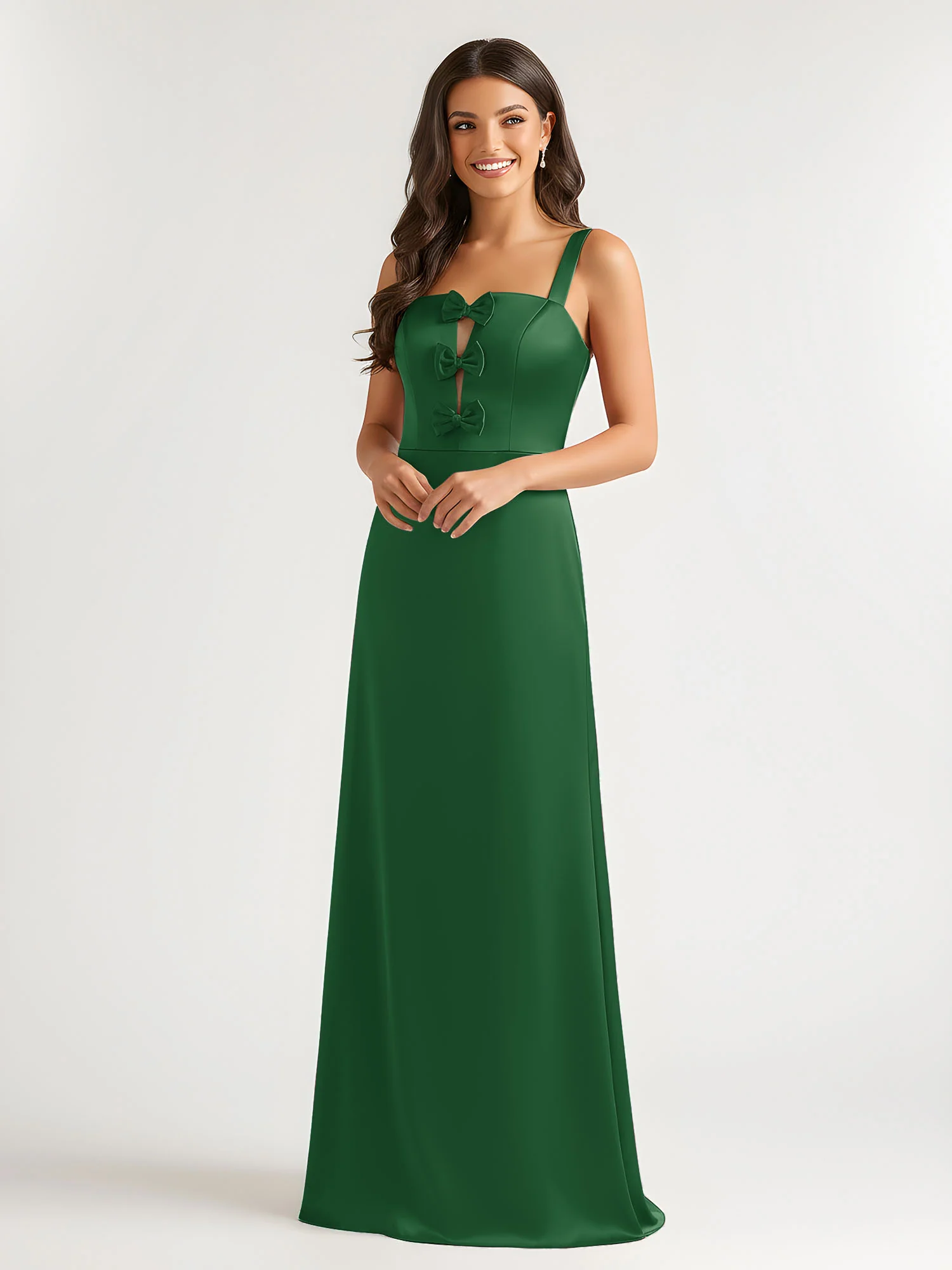 Square Neck Floor Length Open Back Bow Dresses Emerald - Image 3