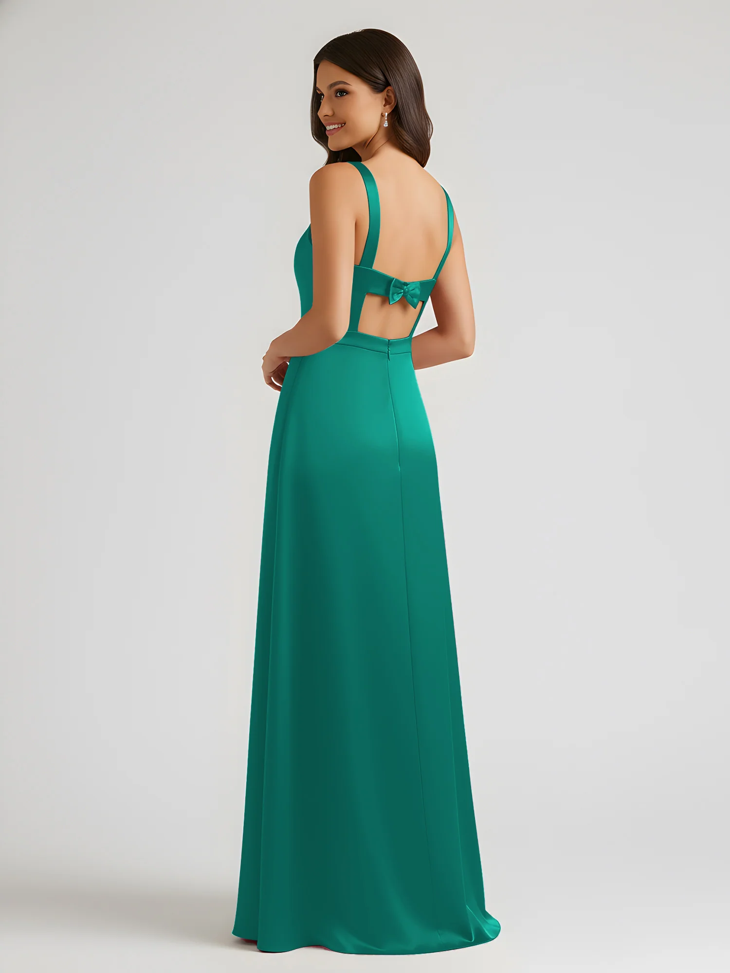 Square Neck Floor Length Open Back Bow Dresses Jade - Image 2