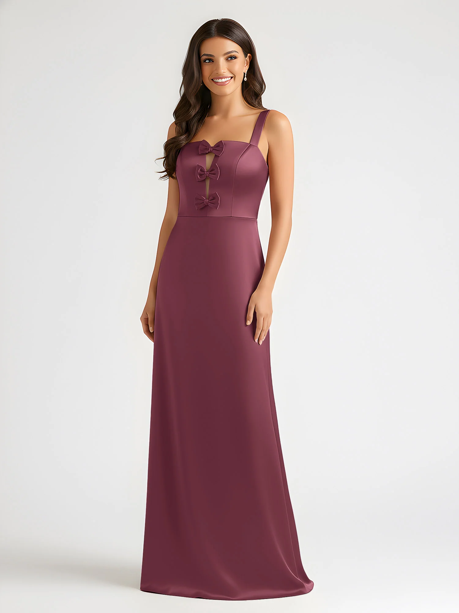 Square Neck Floor Length Open Back Bow Dresses Mulberry