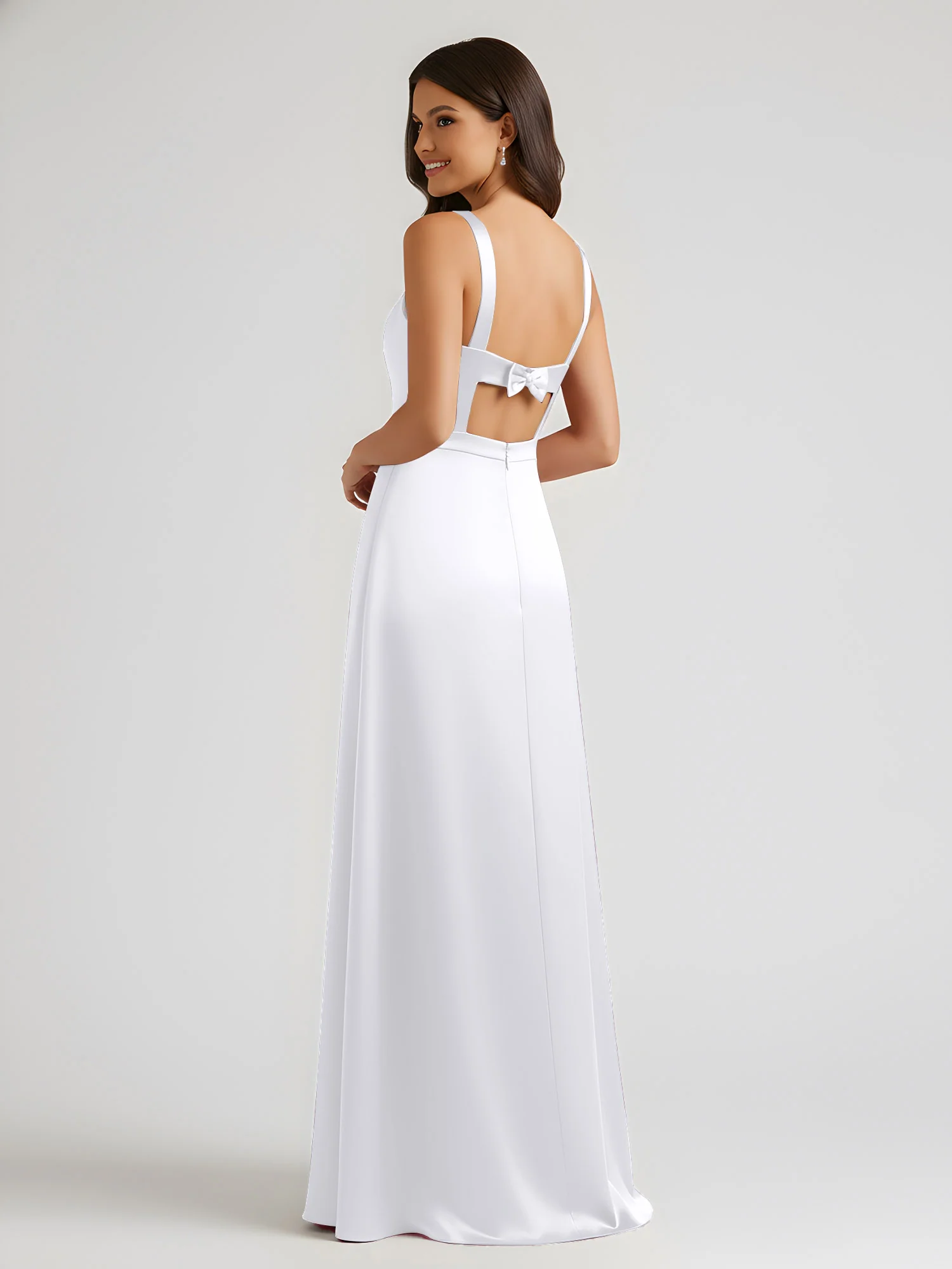 Square Neck Floor Length Open Back Bow Dresses White - Image 2