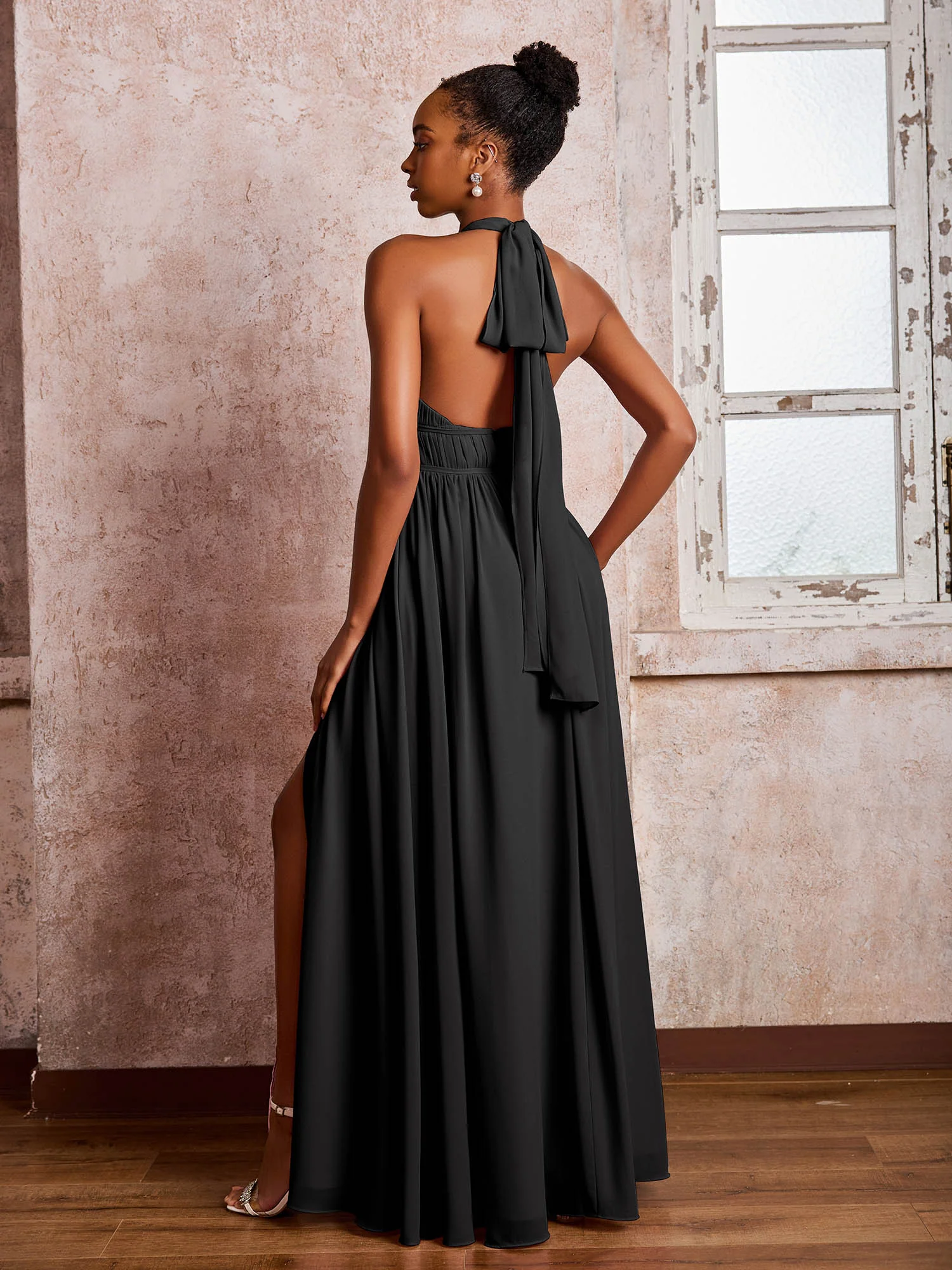Ruched Halter Chiffon Maxi Dresses with Slit Black - Image 2