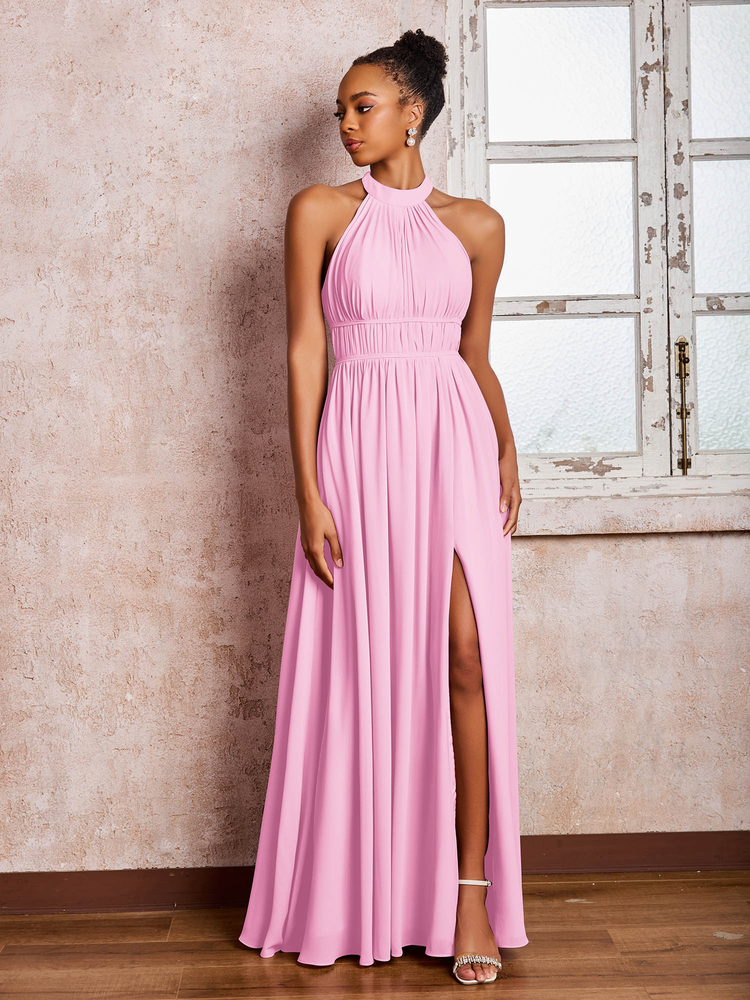 Ruched Halter Chiffon Maxi Dresses with Slit Candy Pink