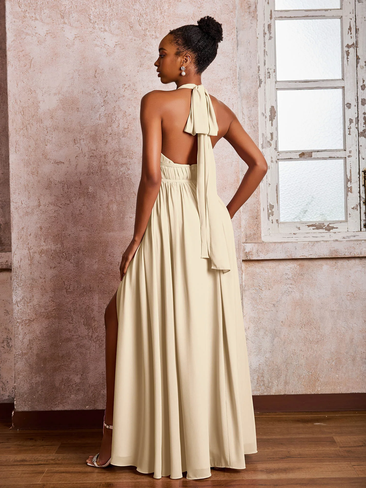 Ruched Halter Chiffon Maxi Dresses with Slit Champagne - Image 2