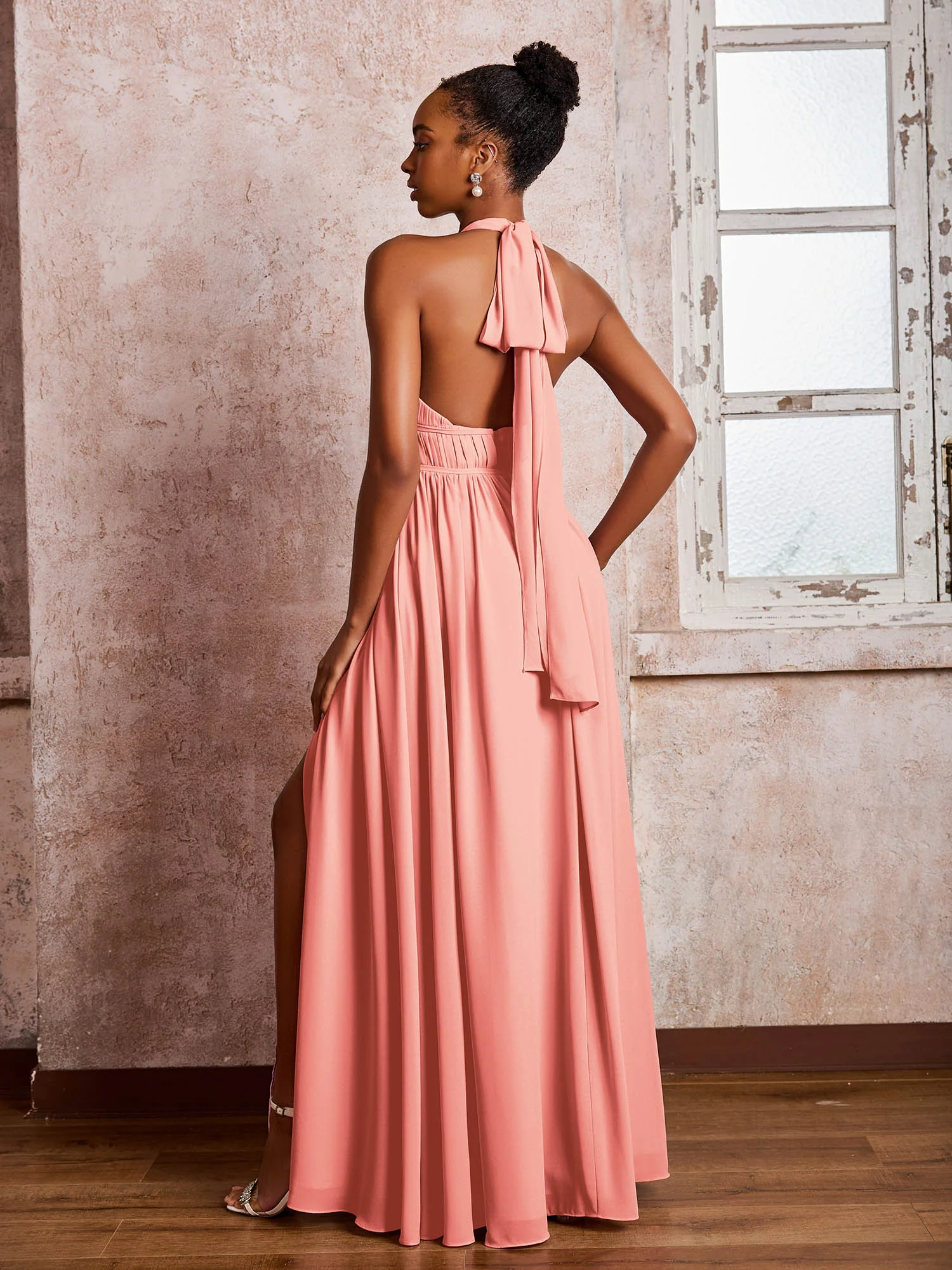 Ruched Halter Chiffon Maxi Dresses with Slit Coral - Image 2