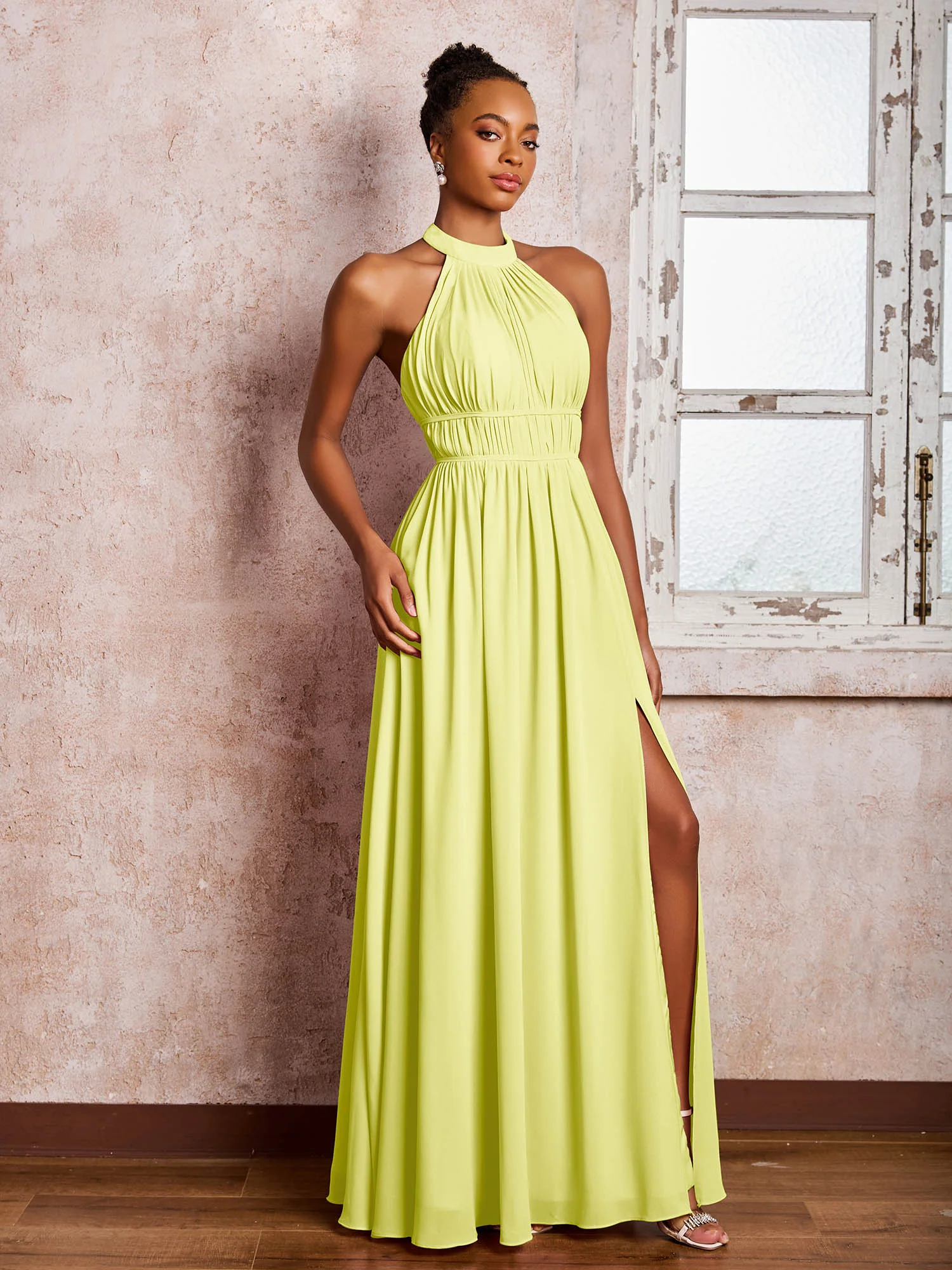 Ruched Halter Chiffon Maxi Dresses with Slit Daffodil - Image 3