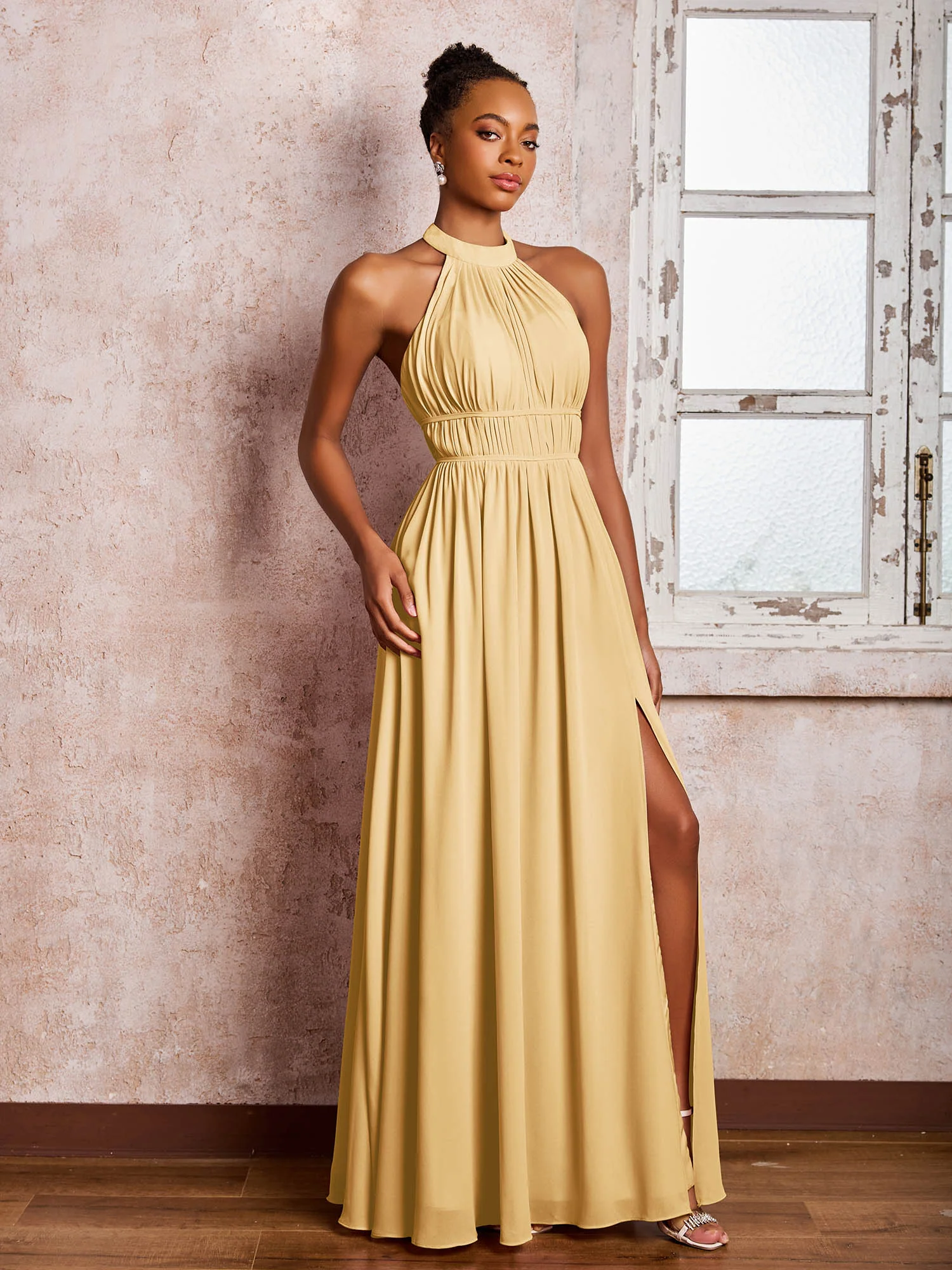 Ruched Halter Chiffon Maxi Dresses with Slit Gold - Image 3