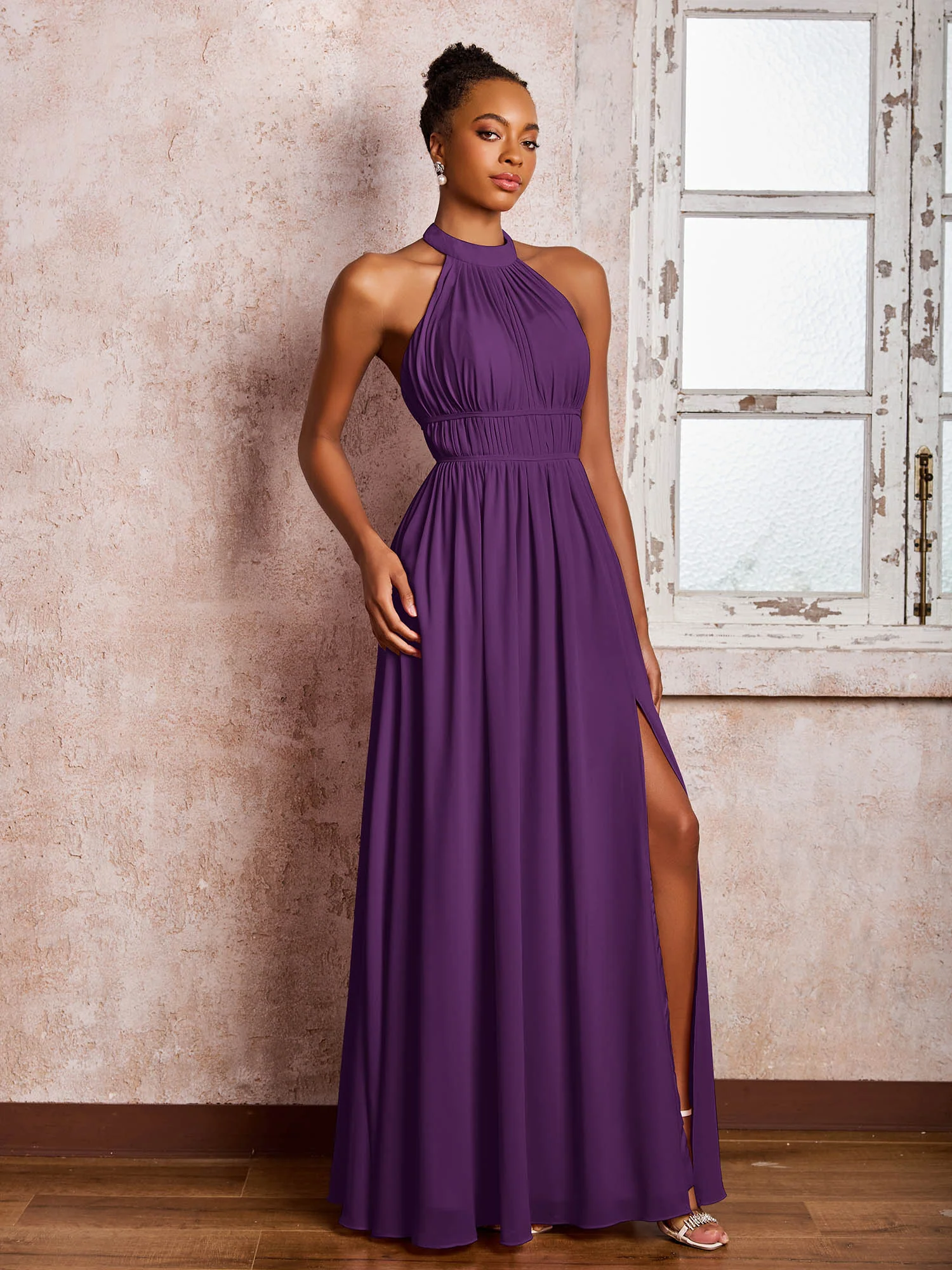Ruched Halter Chiffon Maxi Dresses with Slit Grape - Image 3