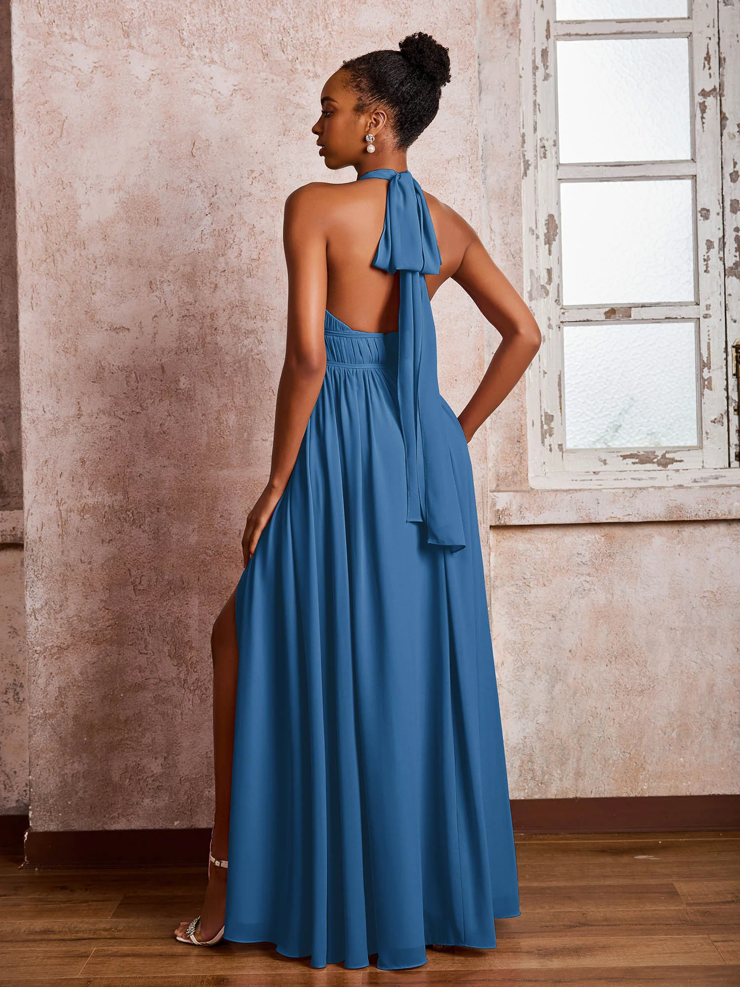 Ruched Halter Chiffon Maxi Dresses with Slit Ink Blue - Image 2