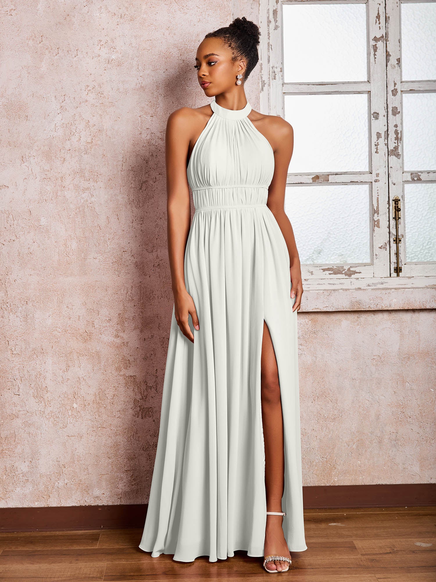 Ruched Halter Chiffon Maxi Dresses with Slit Ivory